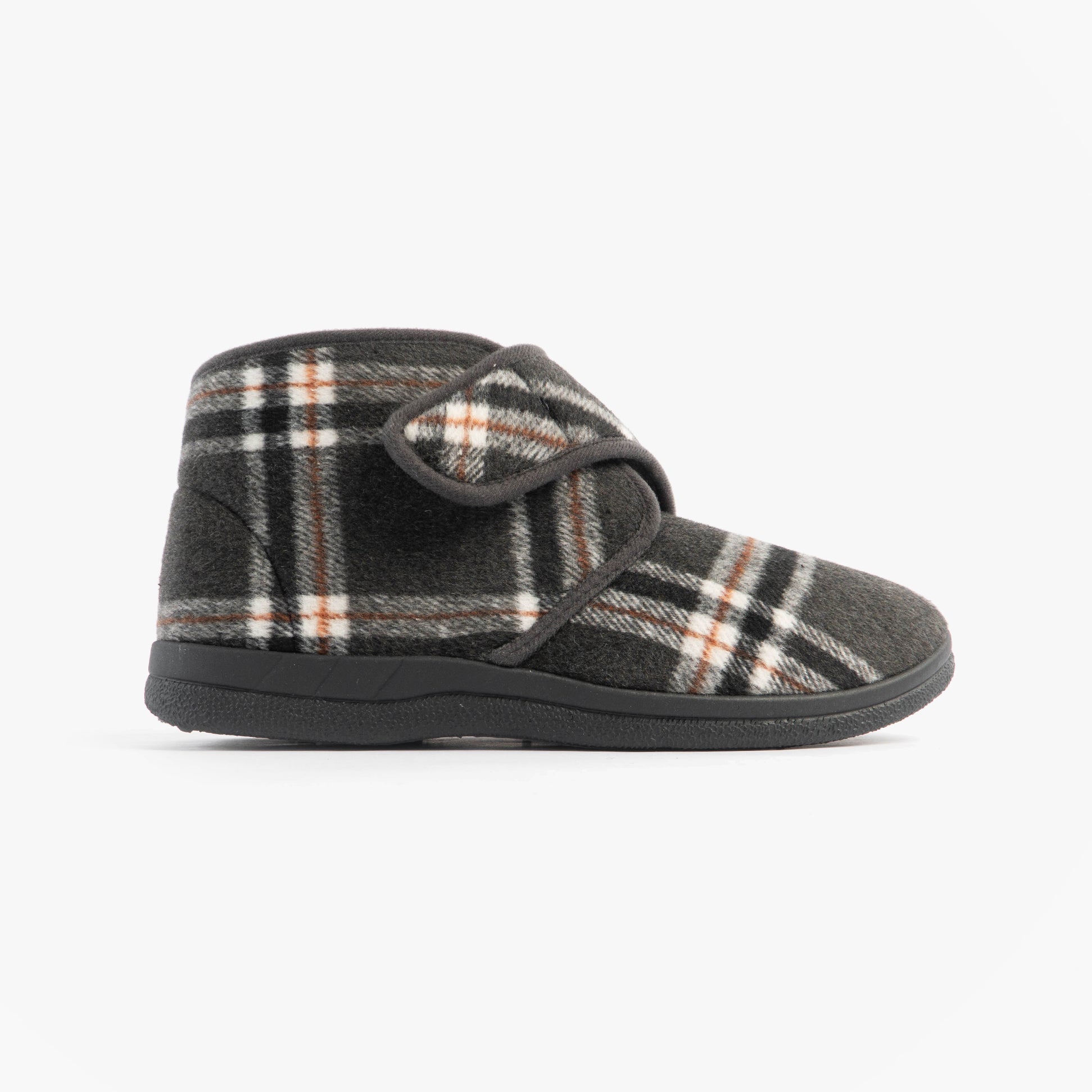 Jo & Joe CECIL Mens Bootie Slippers Grey side view featuring plaid design and Velcro fasten.
