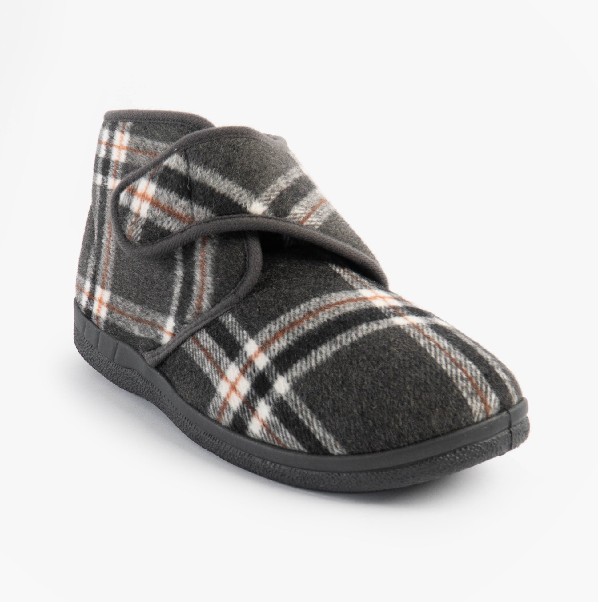 Jo & Joe CECIL Mens Bootie Slippers Grey - side view of grey and plaid slipper with touch fasten closure.