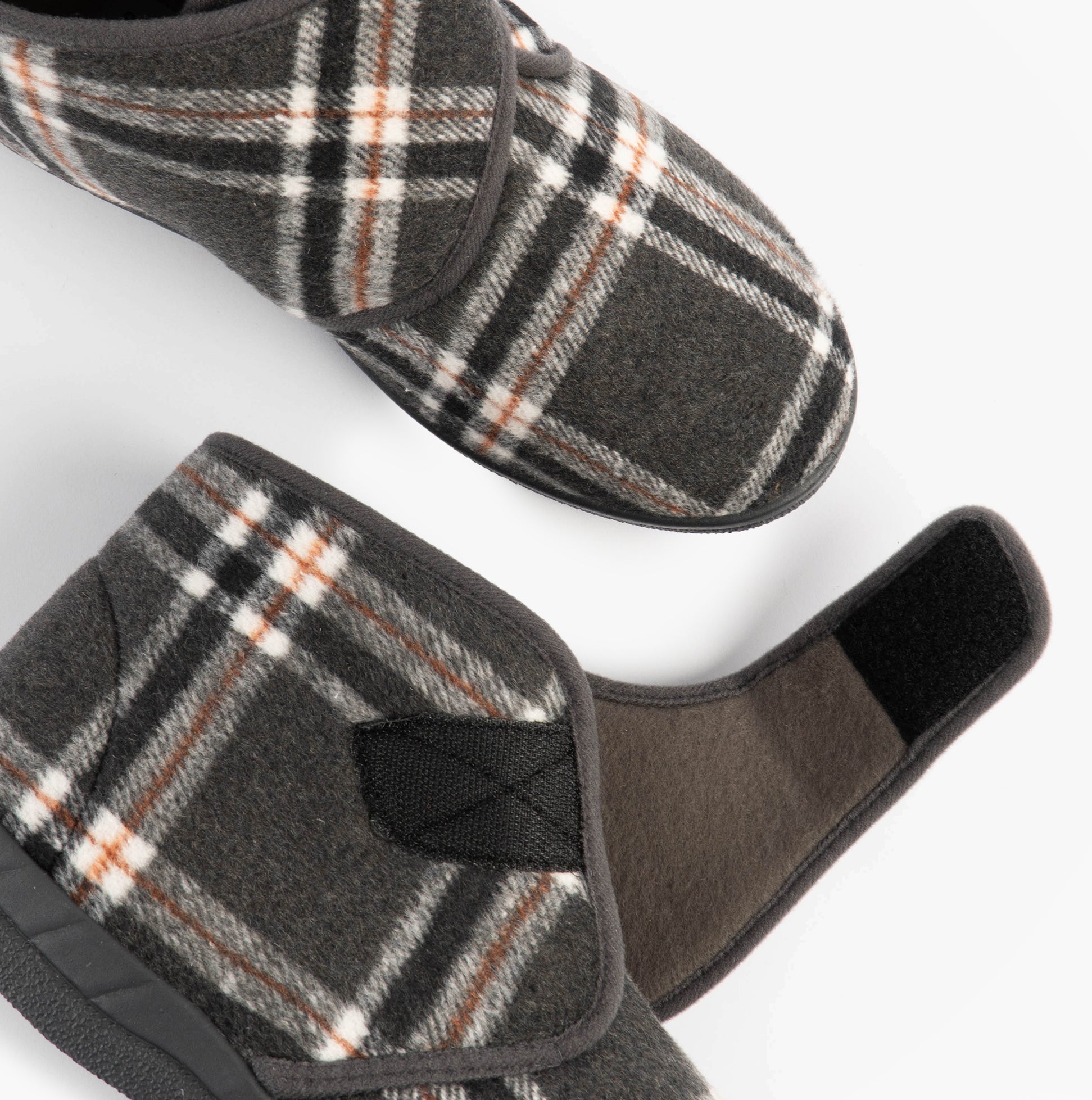 Jo & Joe CECIL Mens Bootie Slippers Grey detail view showing plaid design and Velcro fastening.