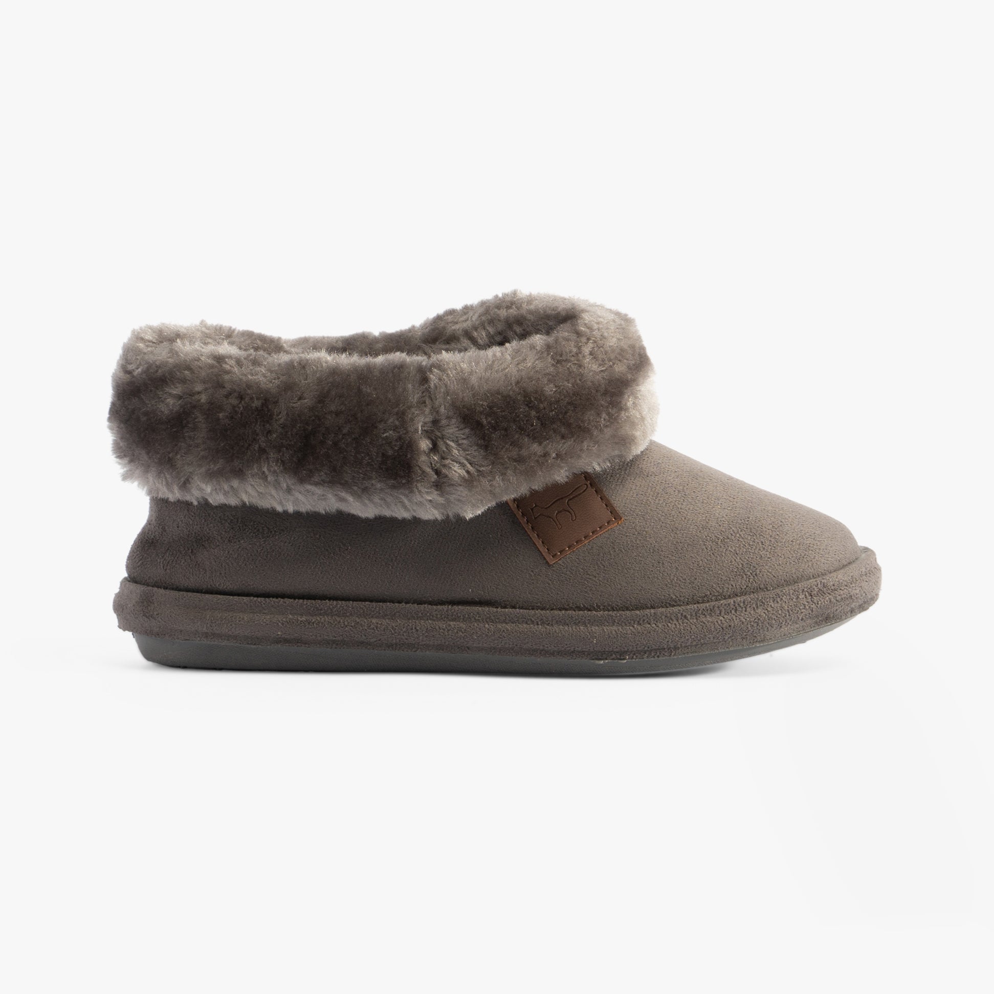 Jo & Joe CHILTERN Womens Slippers Charcoal side view featuring soft faux fur lining and slip-on style for comfort.