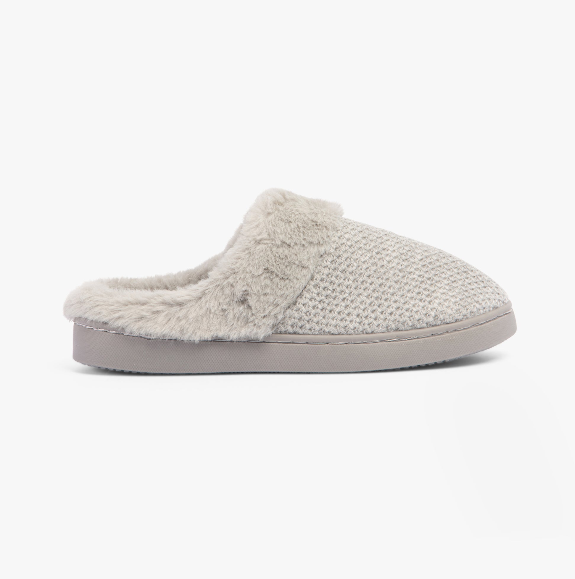 Jo & Joe CRESSIDA Womens Slippers Grey side view showcasing plush faux fur lining and slip-on design.