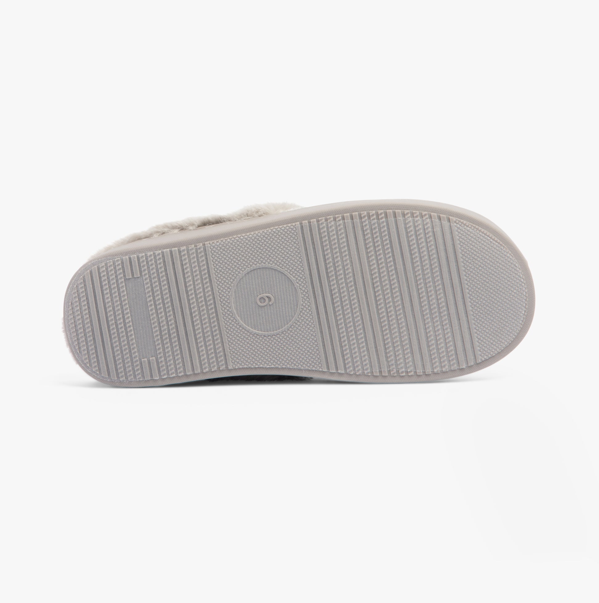 Jo & Joe CRESSIDA Womens Slippers Grey underside view, showcasing flat rubber sole with textured pattern for grip.