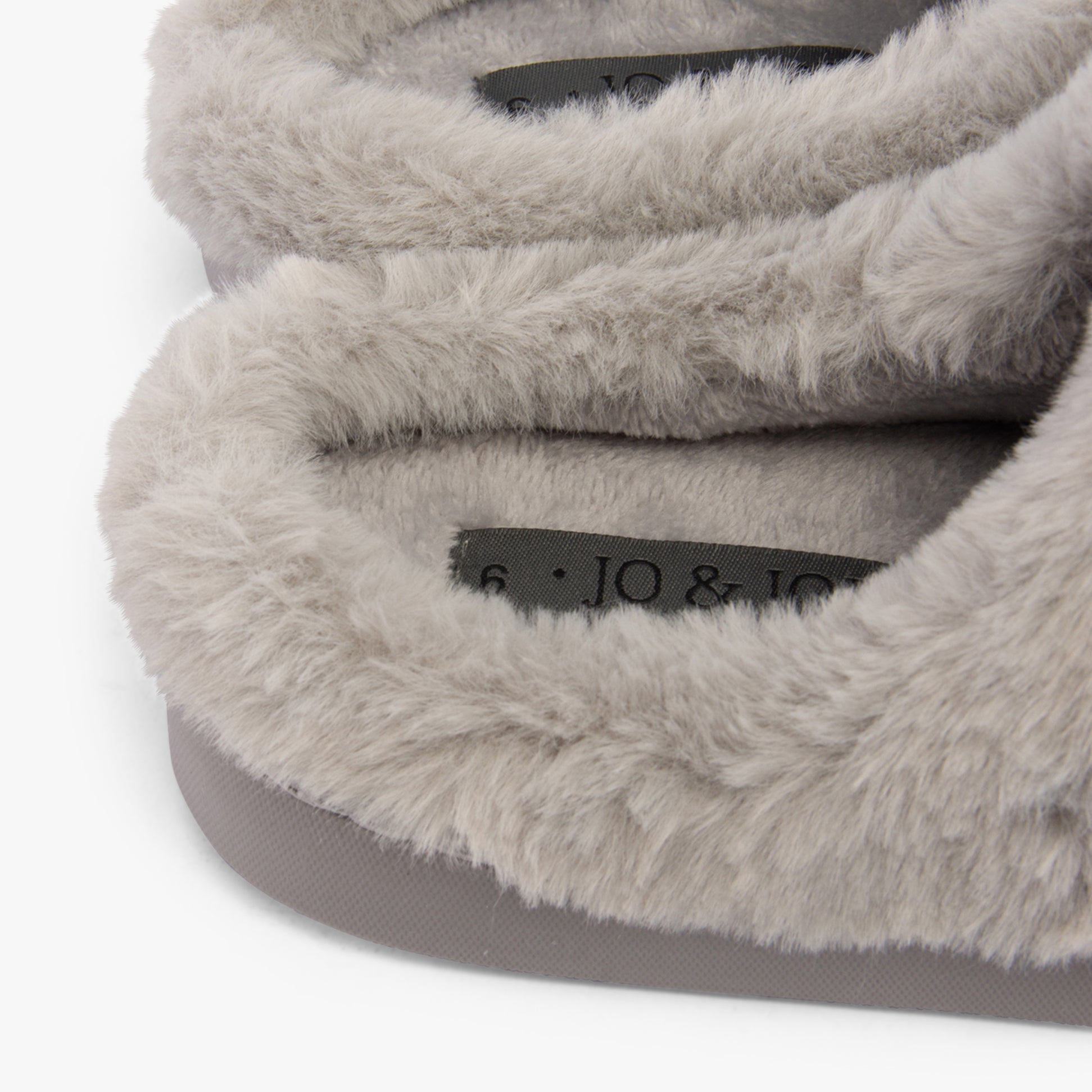 Jo & Joe CRESSIDA Womens Slippers Grey detail view showcasing soft faux fur lining and textile upper.