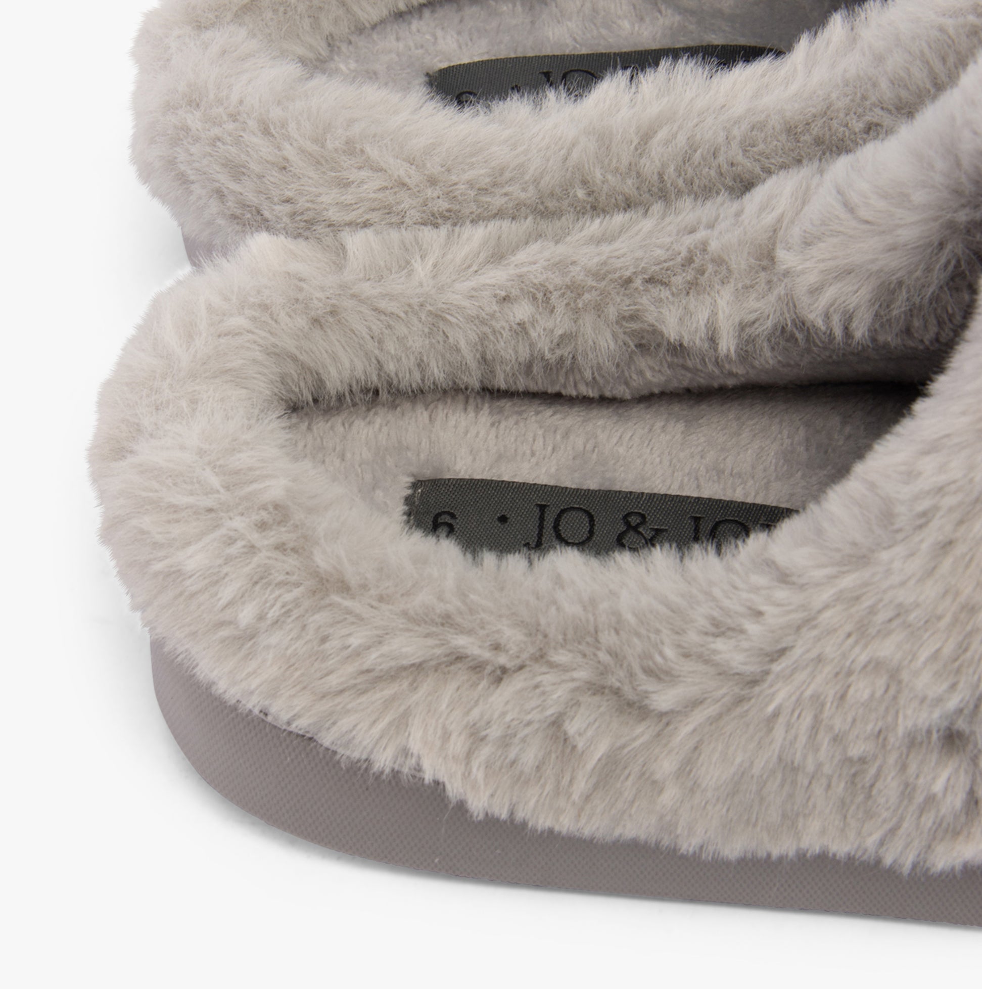 Jo & Joe CRESSIDA Womens Slippers Grey detail view showcasing soft faux fur lining and textile upper.