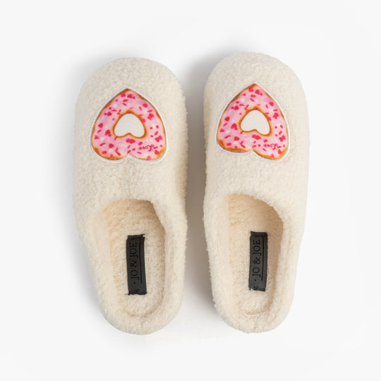 Jo & Joe DELIGHT Womens Mule Slippers Cream top view showing decorative pink donut design.