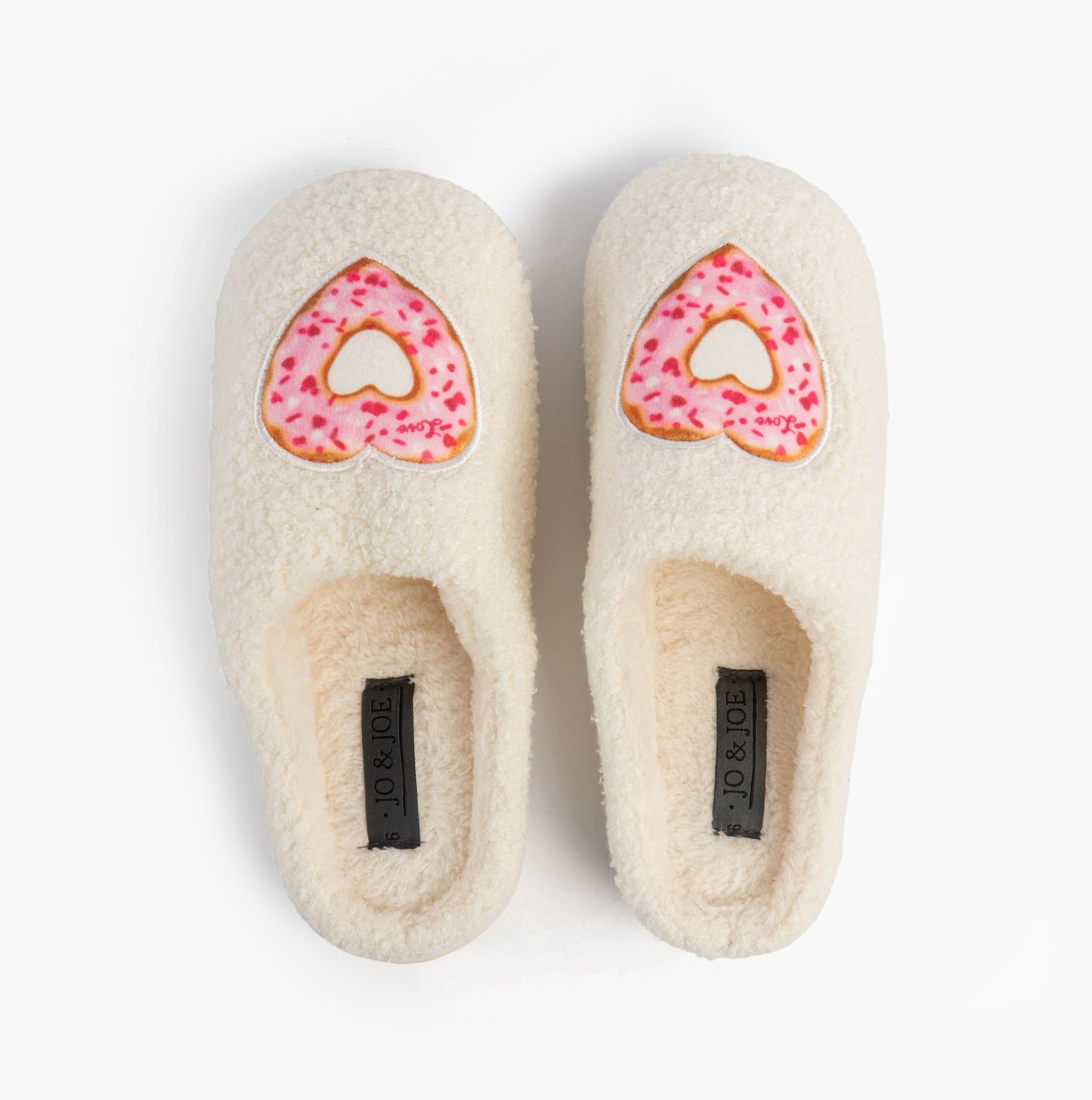 Jo & Joe DELIGHT Womens Mule Slippers Cream top view showing decorative pink donut design.