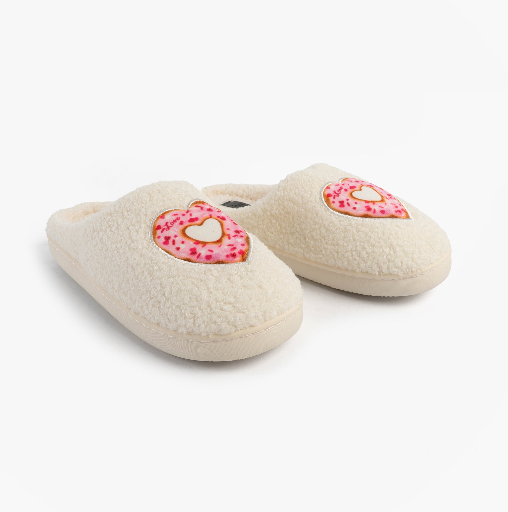 Jo & Joe DELIGHT Womens Mule Slippers Cream in side view showing cozy textile upper and heart design.
