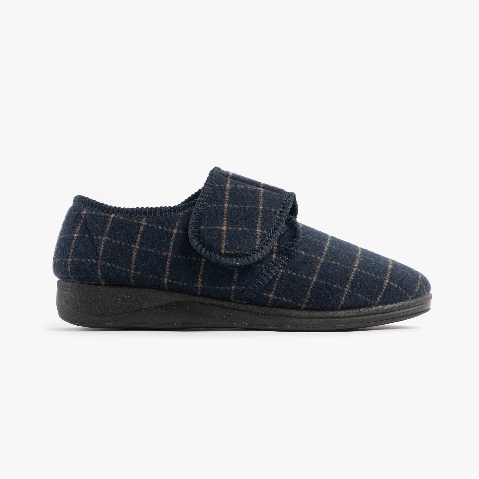 Jo & Joe DENNIS Mens Adjustable Full Slippers Navy side view with velcro fastening and textile upper.