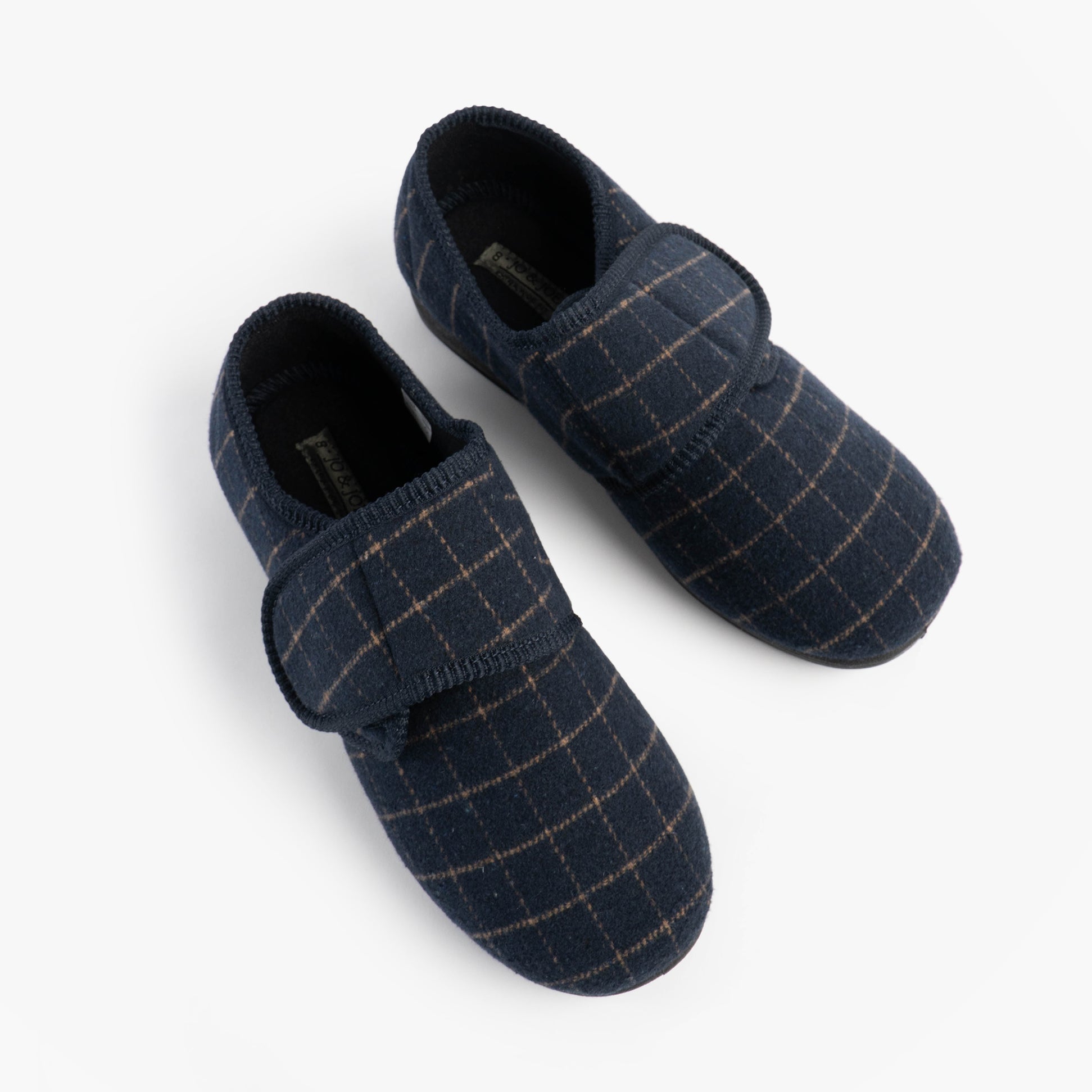 Jo & Joe DENNIS Mens Adjustable Full Slippers Navy top view with touch fasten Velcro, textile upper, extra wide fit.