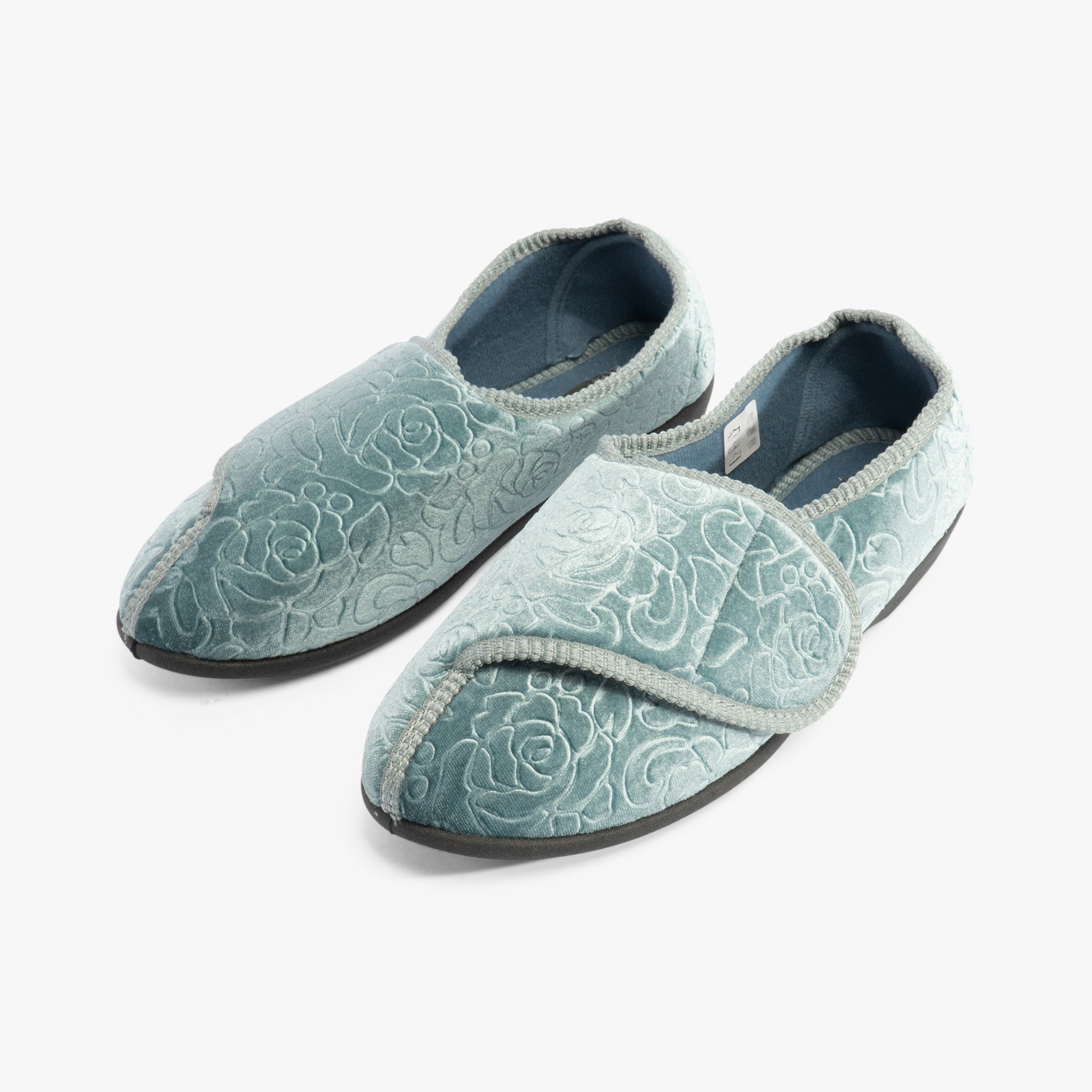 Jo & Joe DOREEN Womens Touch Fasten Slippers Teal front view showing floral design and touch fasten closure.