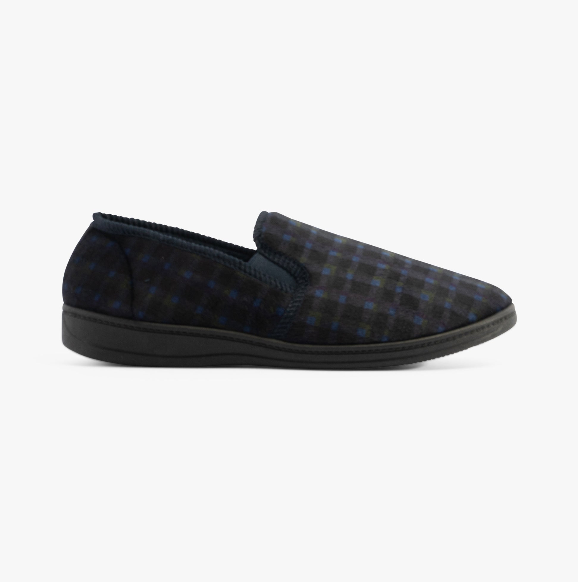 Jo & Joe EDWARD Mens Slippers Navy side view featuring textile upper and rubber sole.