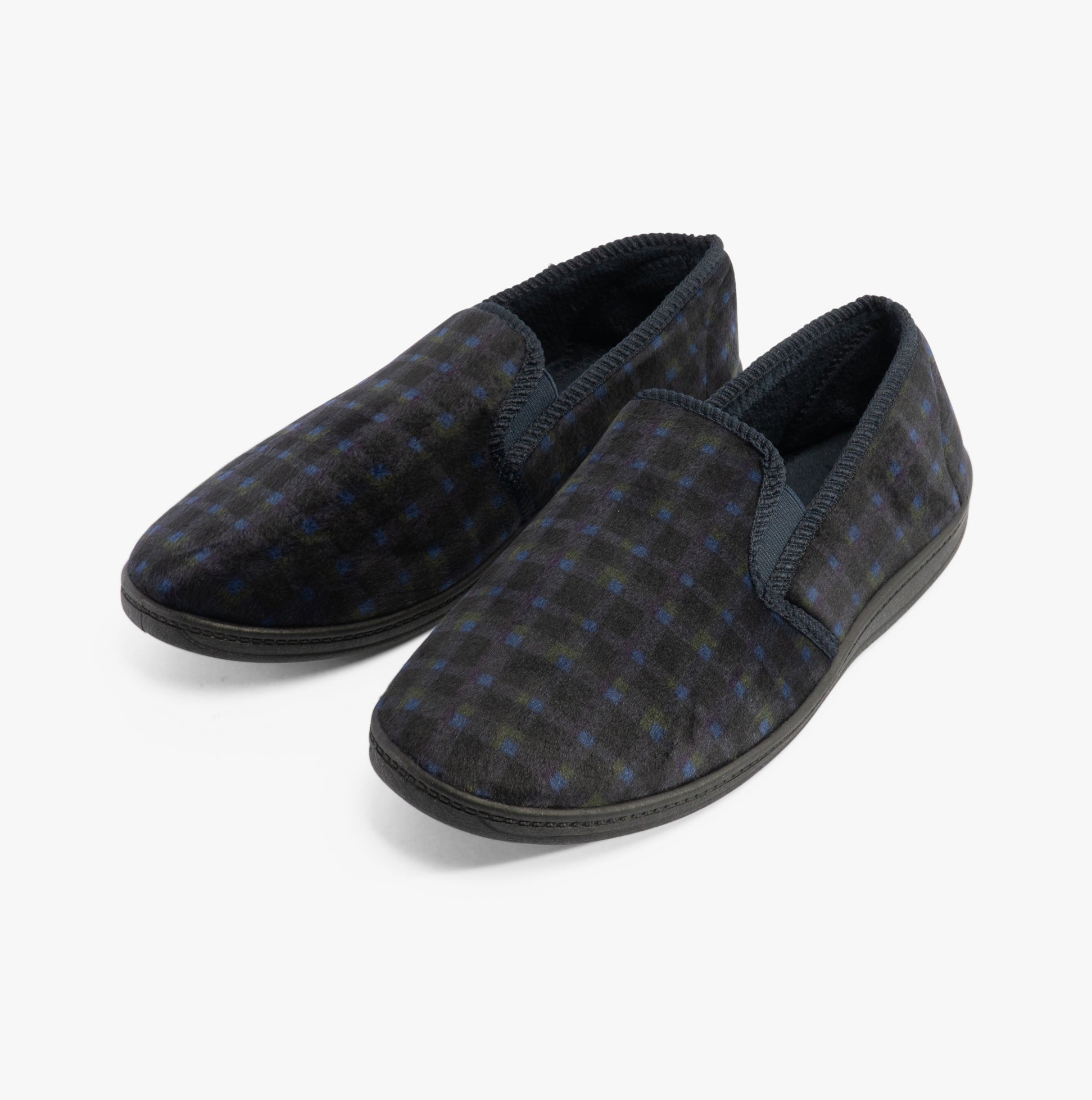 Jo & Joe EDWARD Mens Slippers Navy, side view, full slippers with textile upper and rubber sole, round toe, slip-on style.