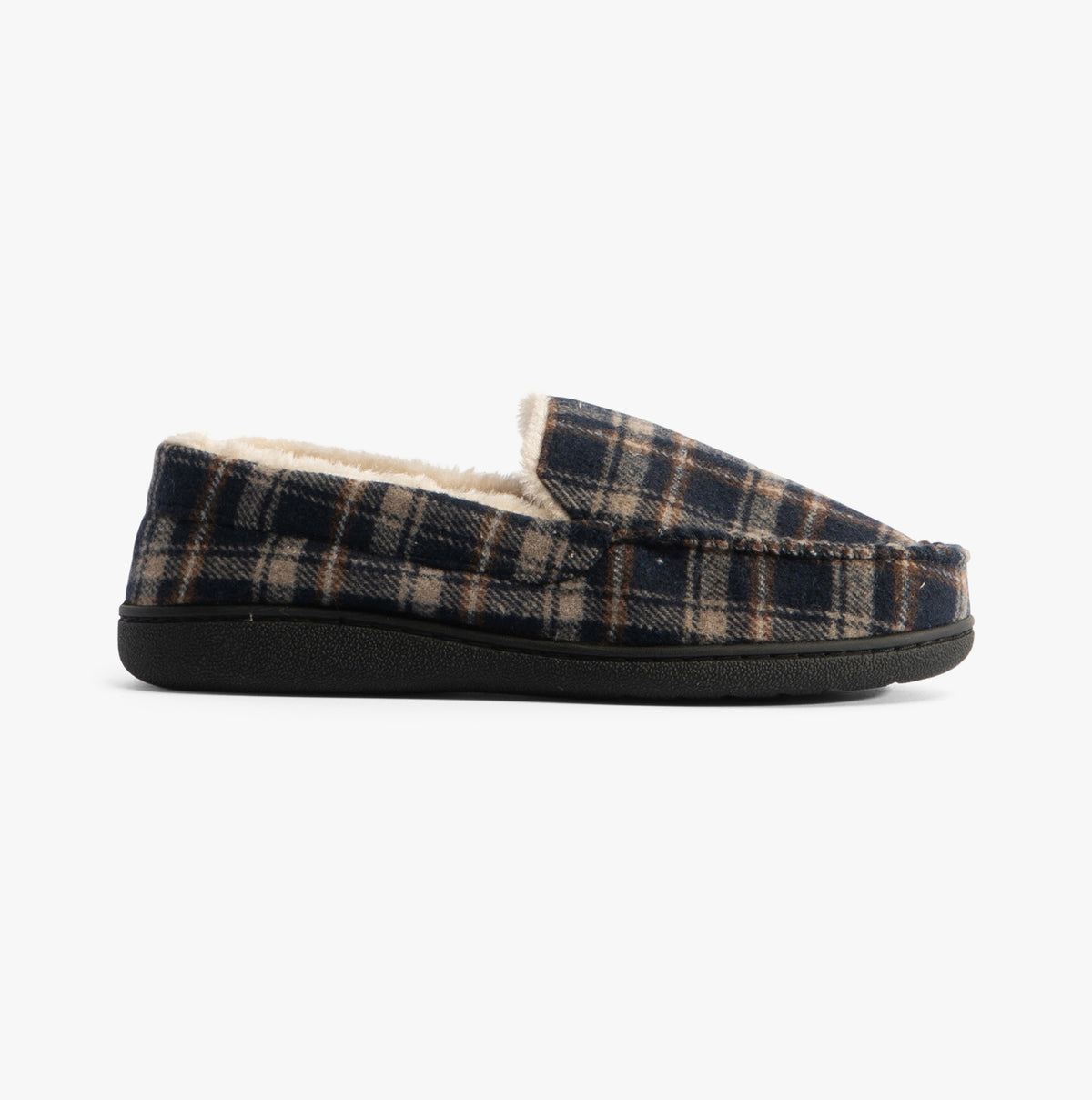 Jo & Joe ELSWICK Mens Slippers Navy side view showing faux fur lining and plaid upper design