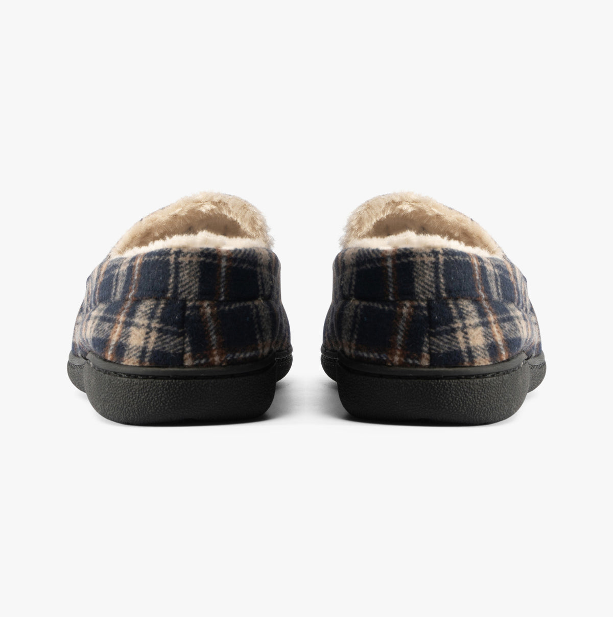Jo & Joe ELSWICK Mens Slippers Navy back view showing plush faux fur lining and rubber sole.
