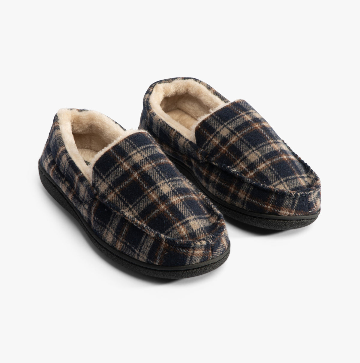 Jo & Joe ELSWICK Mens Slippers Navy side view showing soft faux fur lining and rubber sole.