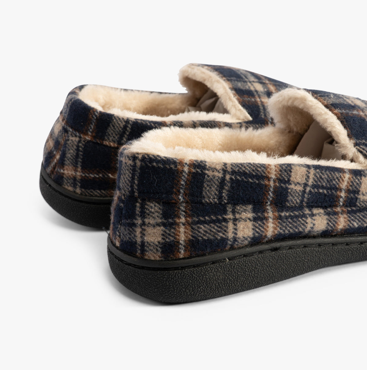 Jo & Joe ELSWICK Mens Slippers Navy back view showing comfort and faux fur lining with a plaid design.