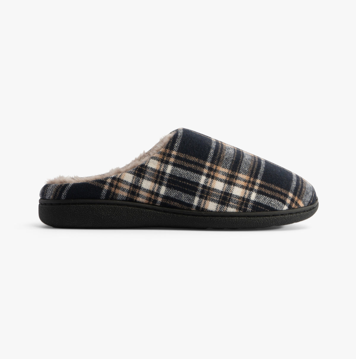 Jo & Joe FALKIRK Mens Slippers Navy side view with plaid pattern and faux fur lining.
