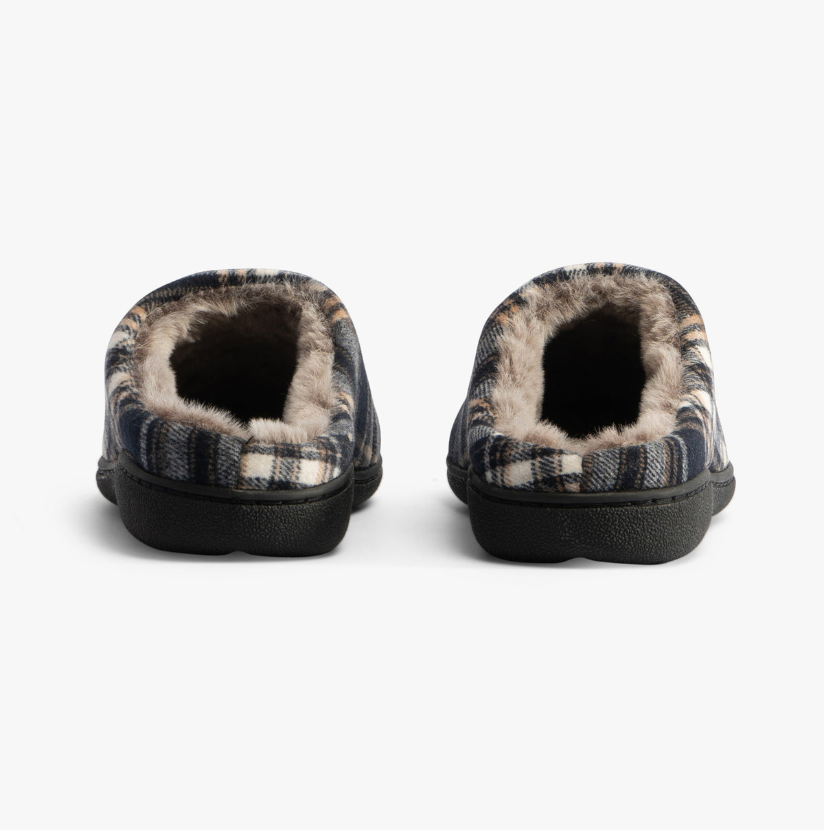 Jo & Joe FALKIRK Mens Slippers Navy, back view showing faux fur lining and textile upper.
