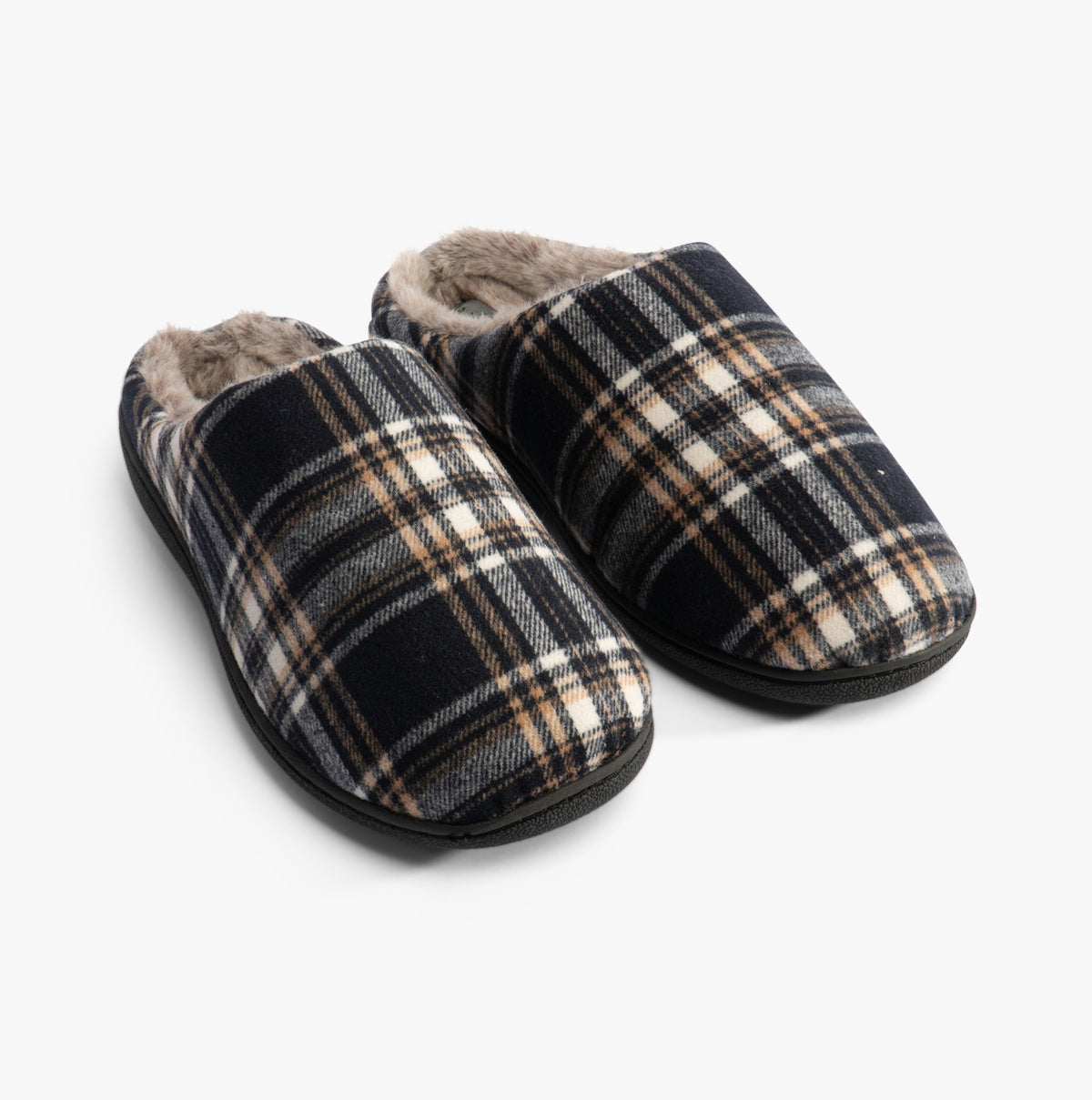 Jo & Joe FALKIRK Mens Slippers Navy top view showing checker pattern and faux fur lining