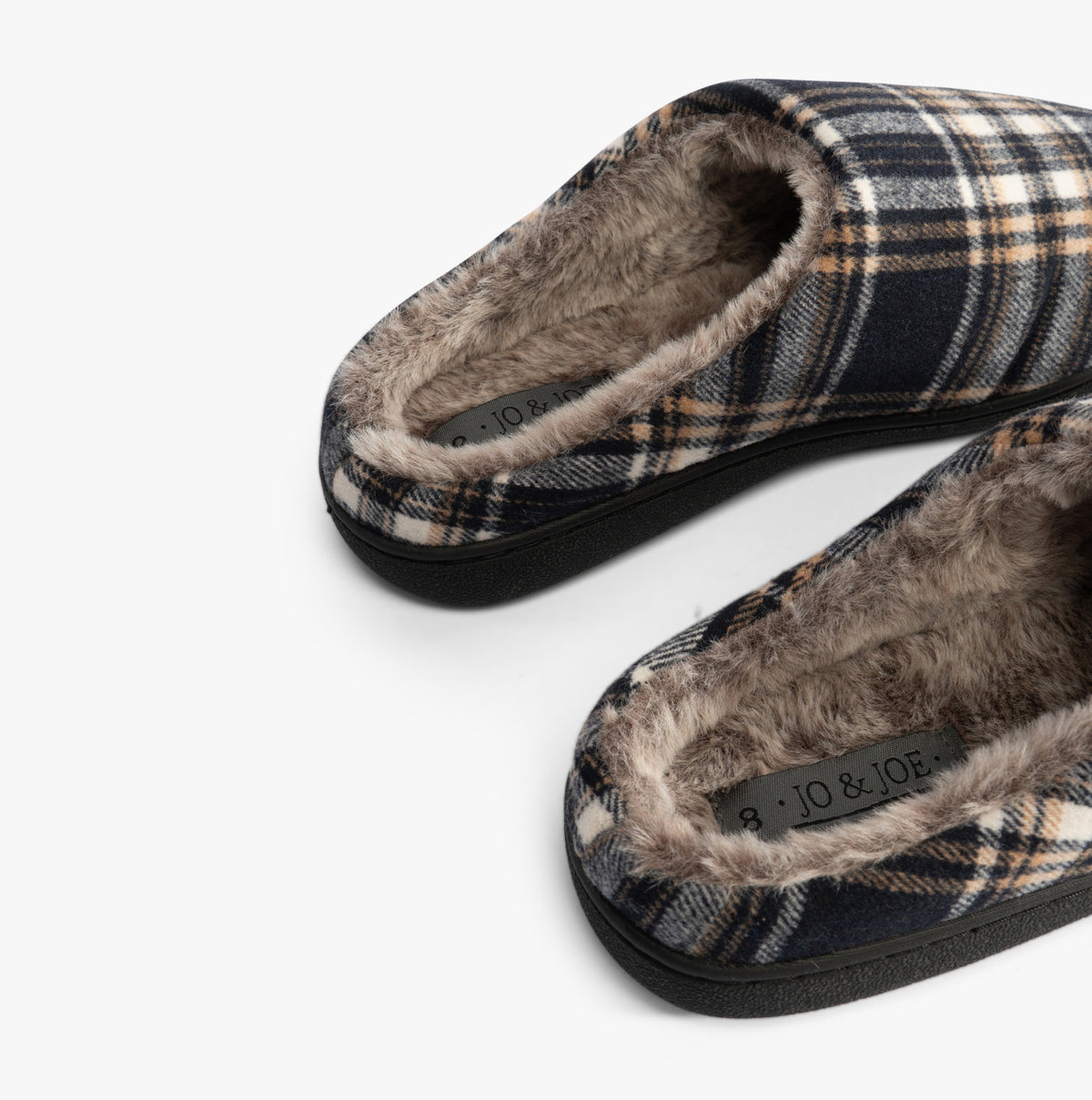 Jo & Joe FALKIRK Mens Slippers Navy side view showing textile upper and faux fur lining.