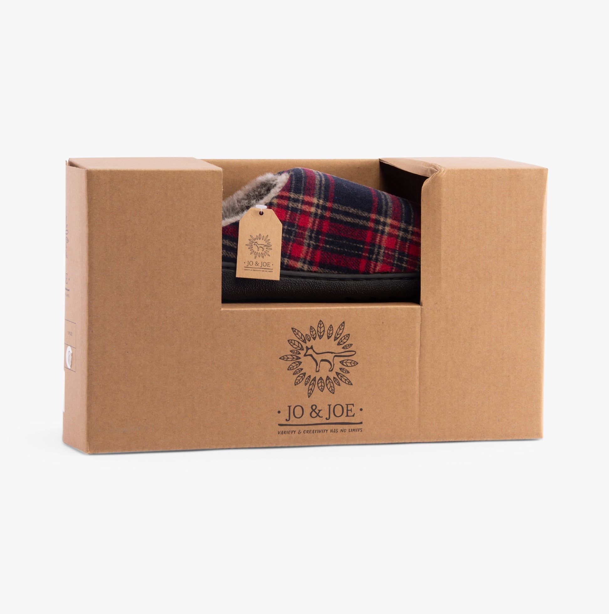 Jo & Joe FALKIRK Mens Slippers Red in gift box side view with warm lining and plaid design.