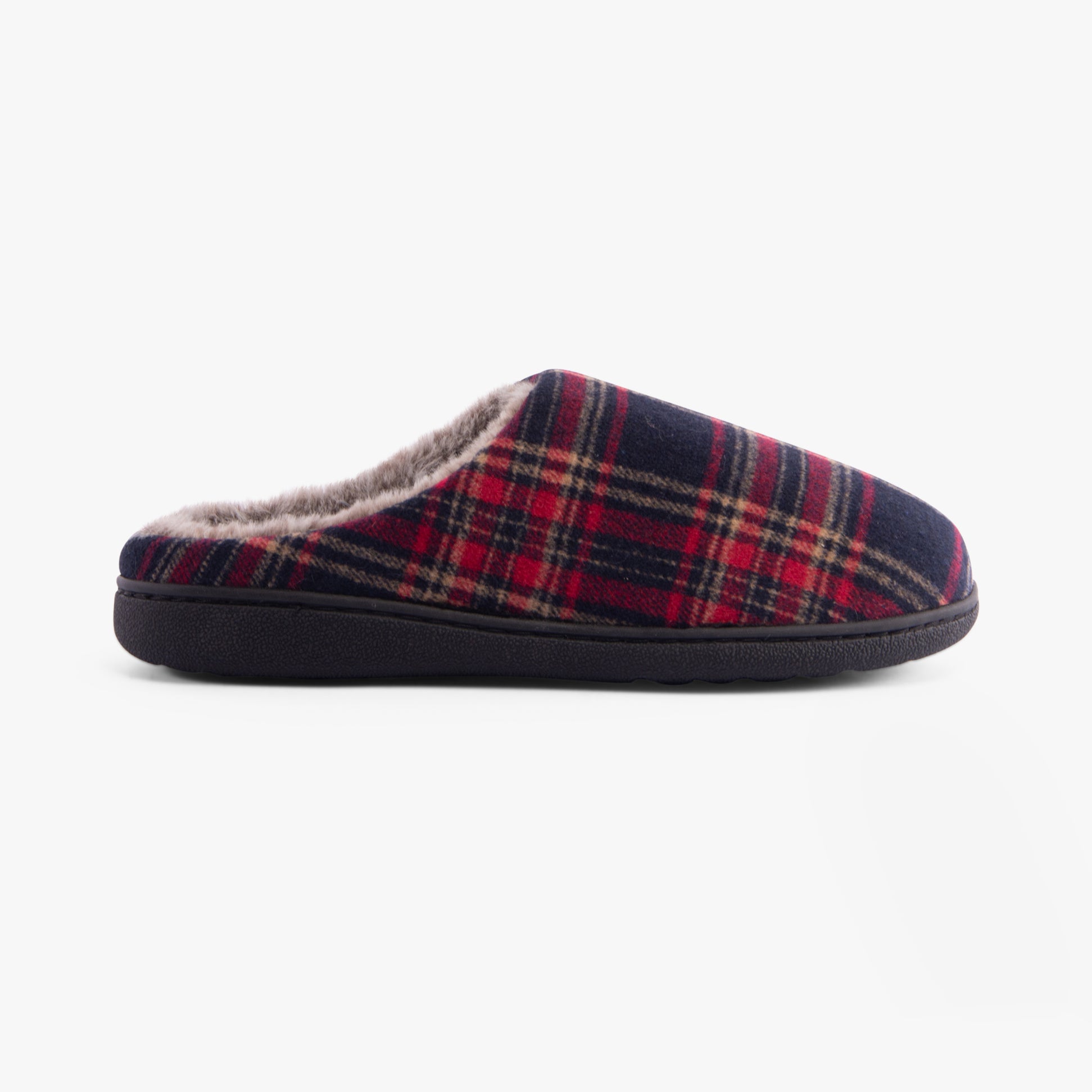 Jo & Joe FALKIRK Mens Slippers Red side view showcasing warm lined textile upper and rubber sole.