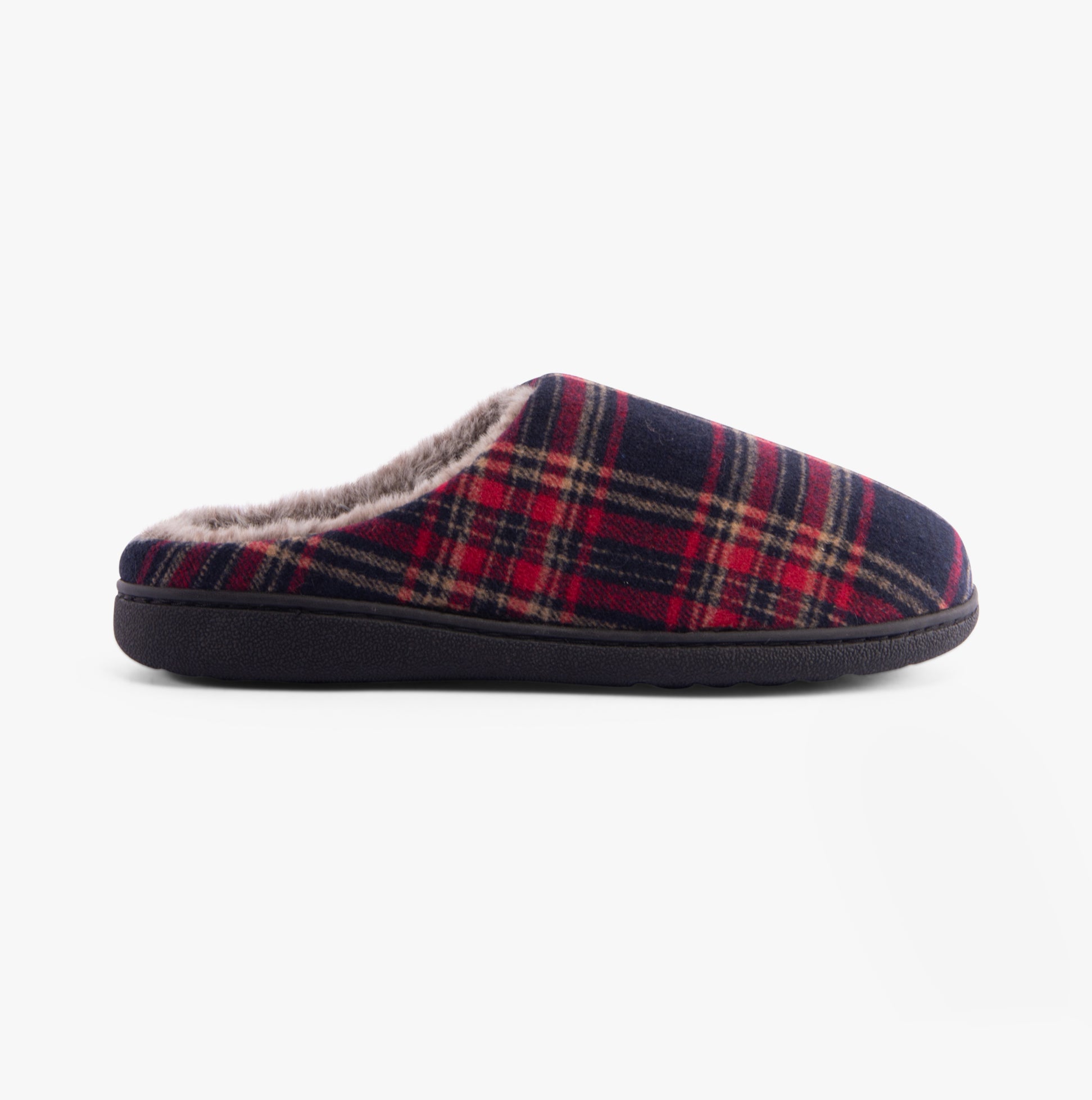 Jo & Joe FALKIRK Mens Slippers Red side view showcasing warm lined textile upper and rubber sole.