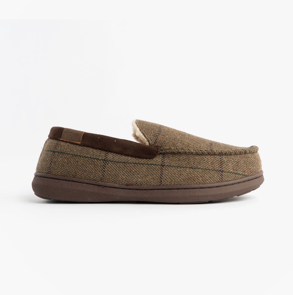 Jo & Joe GLENCOE Mens Tartan Slippers Brown side view showcasing the textile upper and rubber sole.