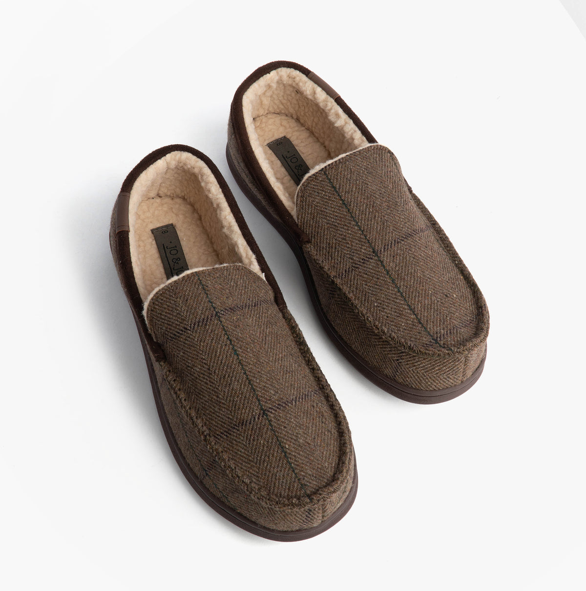 Jo & Joe GLENCOE Mens Tartan Slippers Brown top view showing soft textile lining and slip-on design