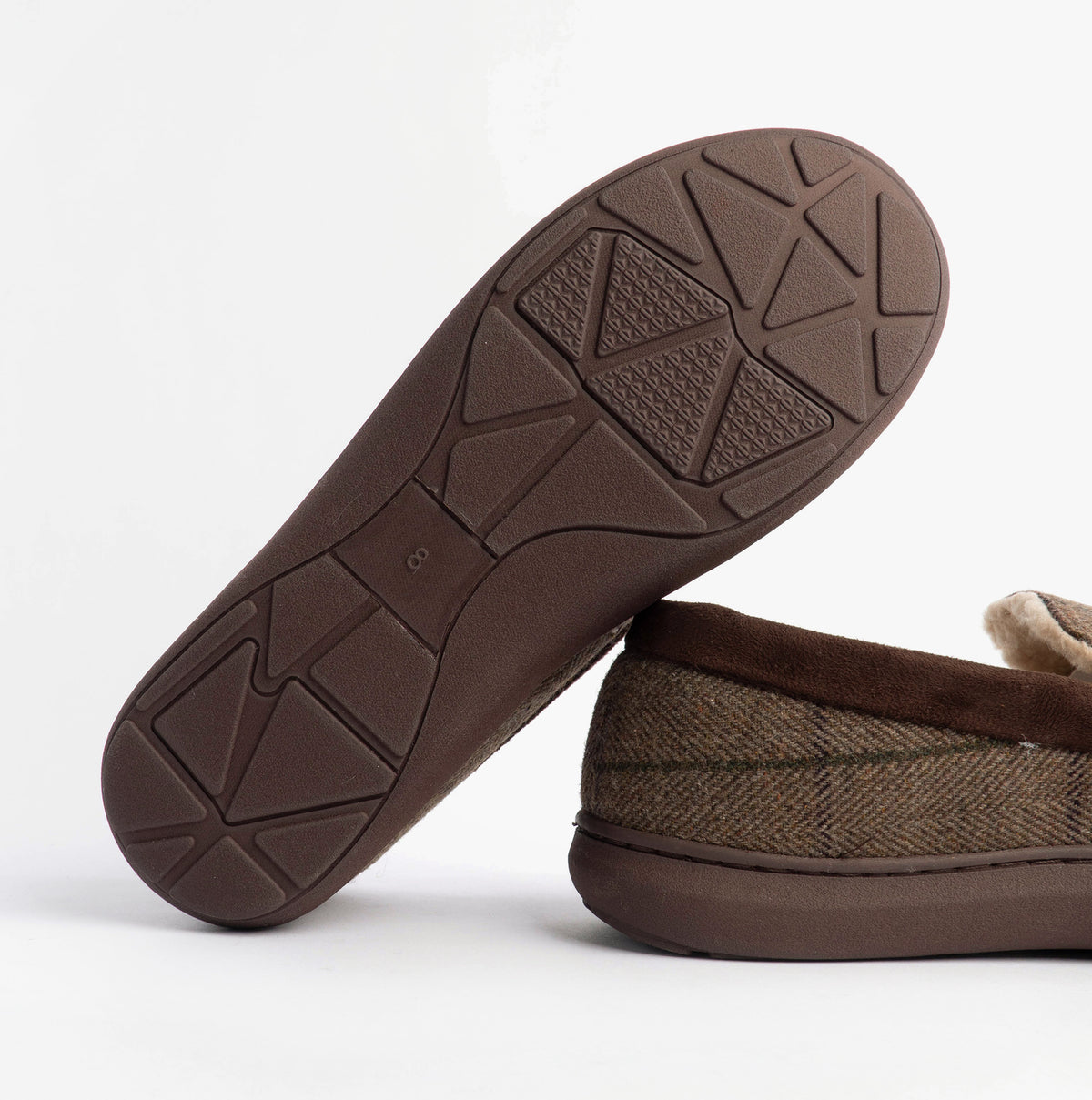 Jo & Joe GLENCOE Mens Tartan Slippers Brown sole view showcasing rubber bottom and textured grip.
