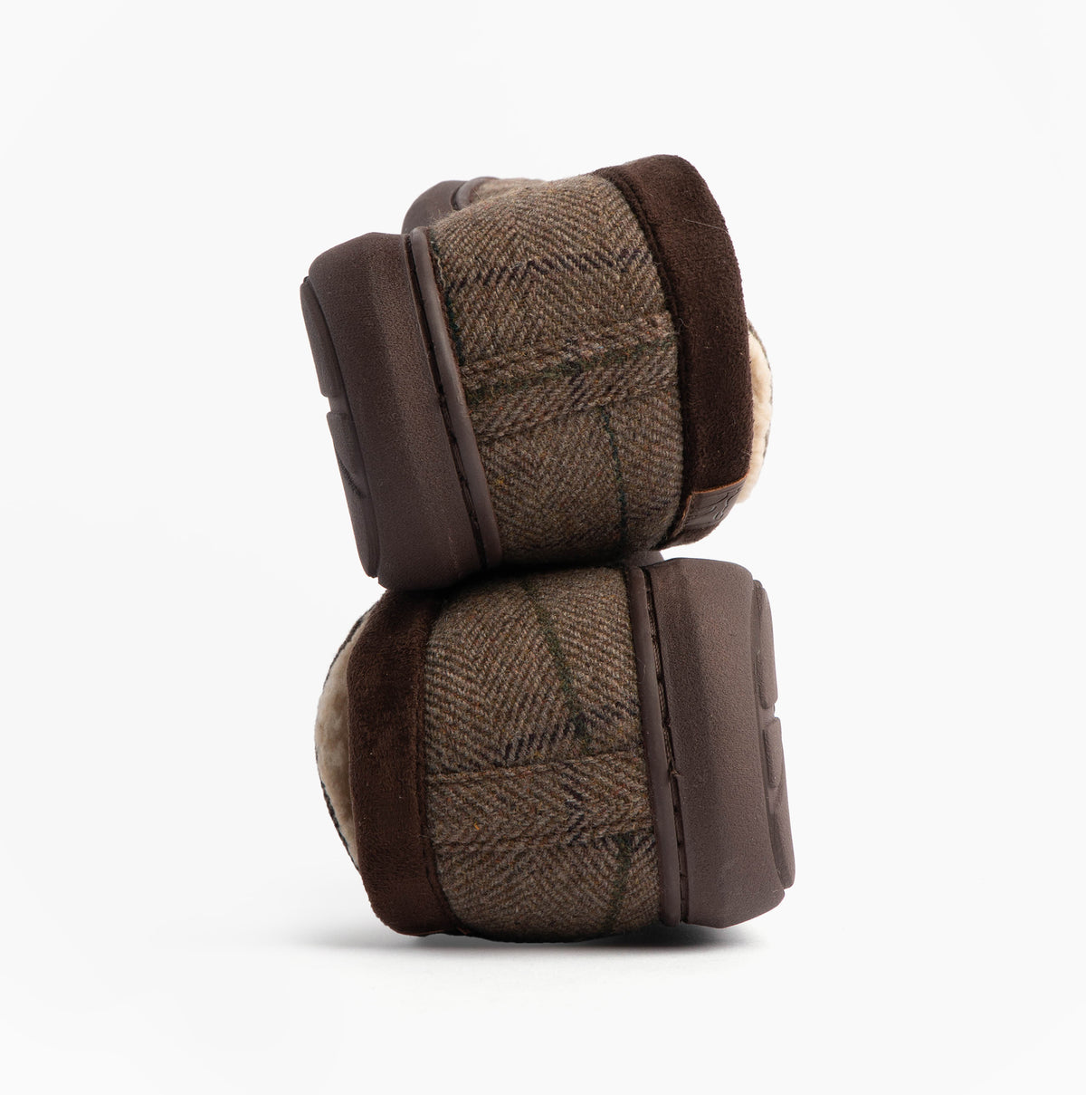 Jo & Joe GLENCOE Mens Tartan Slippers Brown shown in a side view with a textured upper and rubber sole.