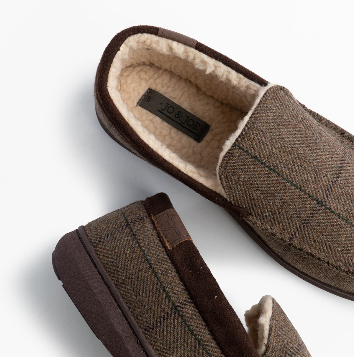 Jo & Joe GLENCOE Mens Tartan Slippers Brown top view showing soft lining and textile upper.