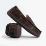 Jo & Joe GLENDALE Mens Moccasin Slippers Brown side view with contrasting textile upper and rubber sole.