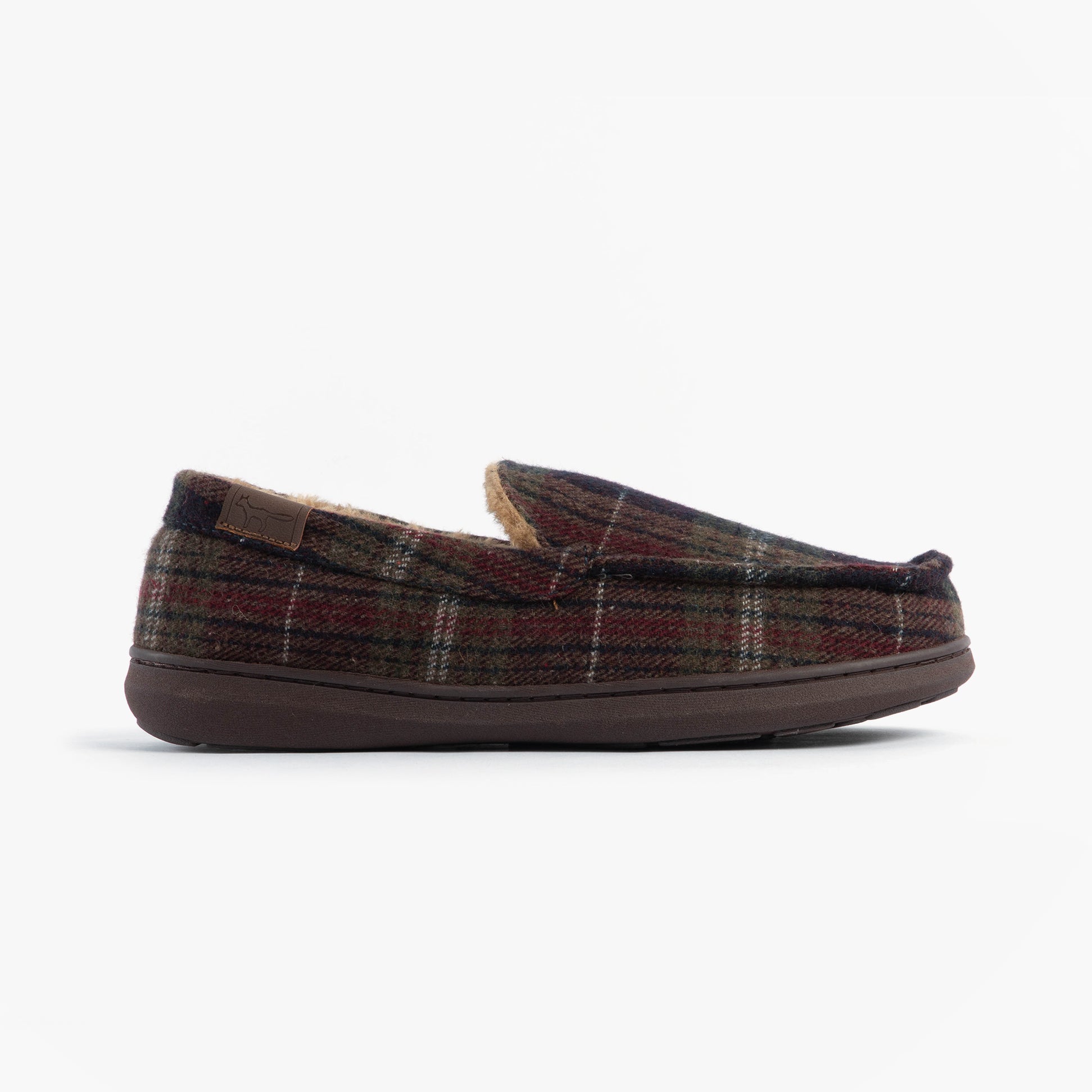 Jo & Joe GLENDALE Mens Moccasin Slippers Brown side view showing the comfortable textile upper and rubber sole.