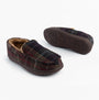 Jo & Joe GLENDALE Mens Moccasin Slippers Brown side view with plaid textile upper and rubber sole