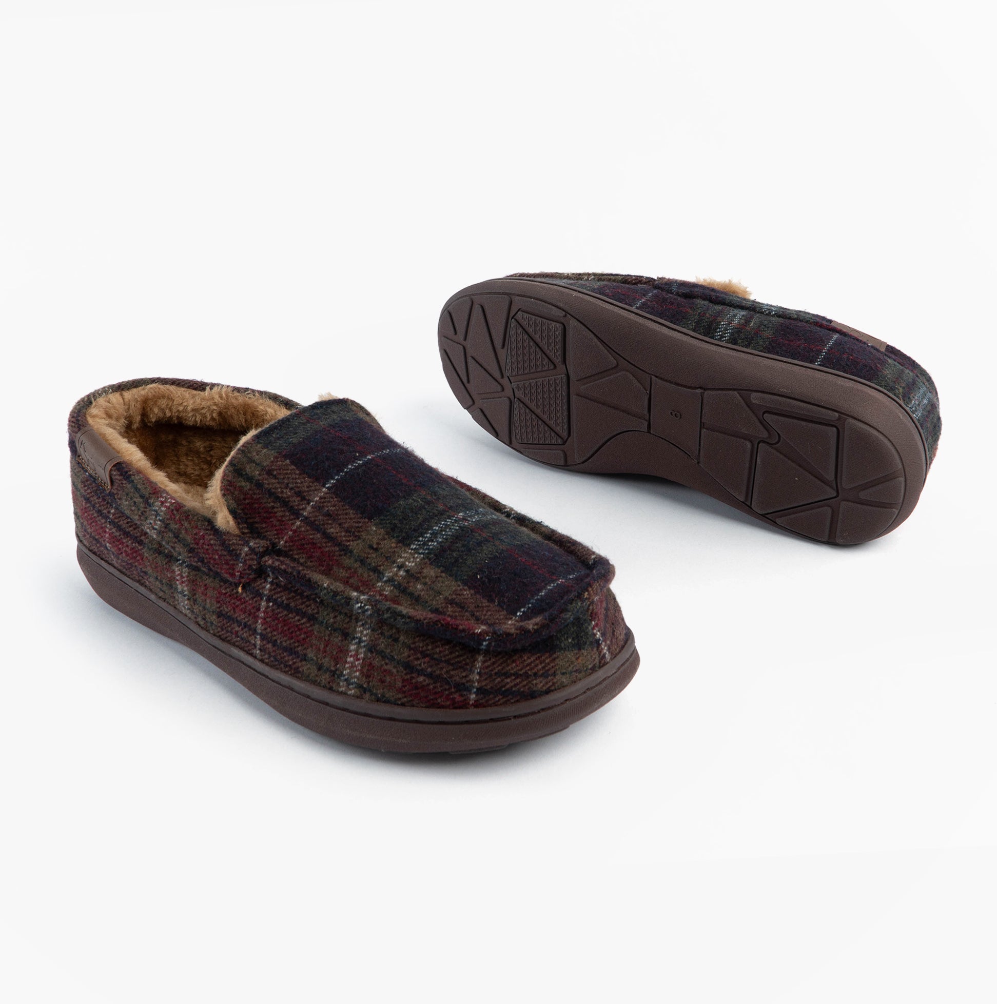 Jo & Joe GLENDALE Mens Moccasin Slippers Brown side view with plaid textile upper and rubber sole
