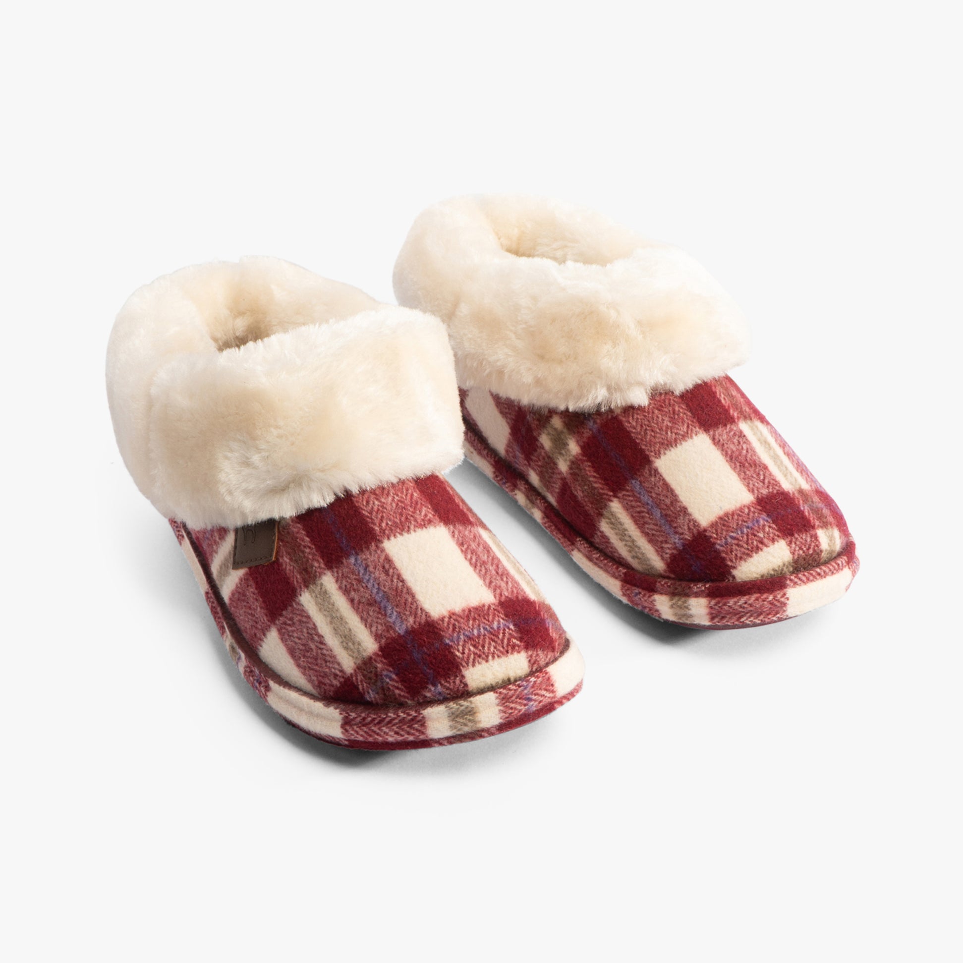 Jo & Joe GLENROYAL Womens Slippers Cherry, side view, showing red and cream plaid design and faux fur lining.