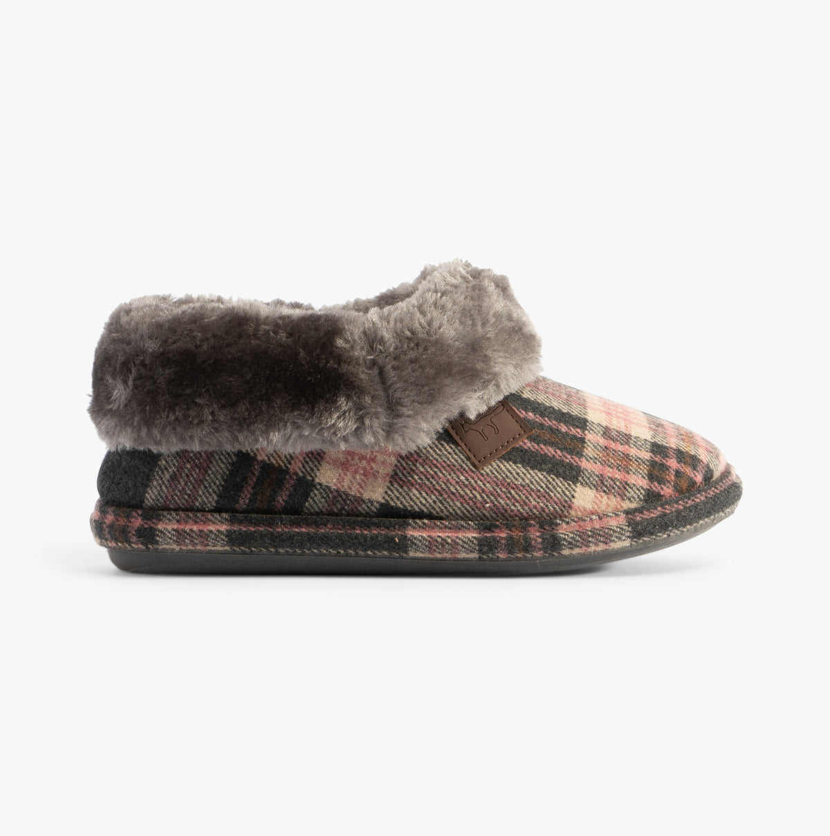 Jo & Joe GLENROYAL Womens Slippers Pebble side view showing textile upper, faux fur lining, and rubber sole.