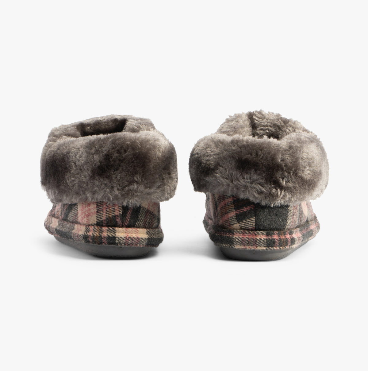Jo & Joe GLENROYAL Womens Slippers Pebble rear view showing soft faux fur lining and plaid design.