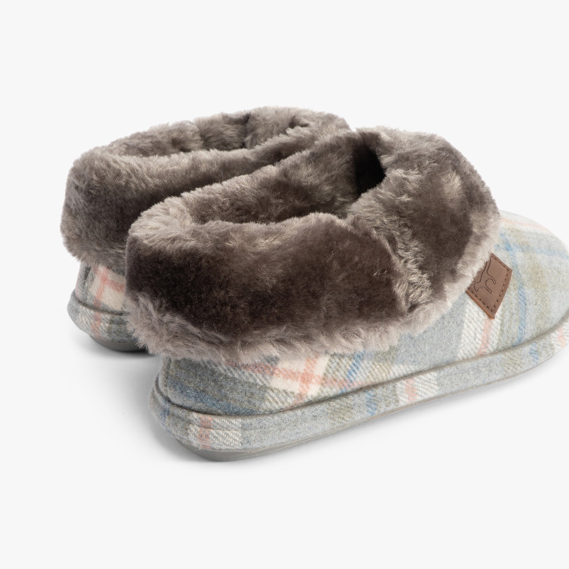 Jo & Joe GLENROYAL Womens Slippers Slate rear side view showing faux fur lining and textile upper.
