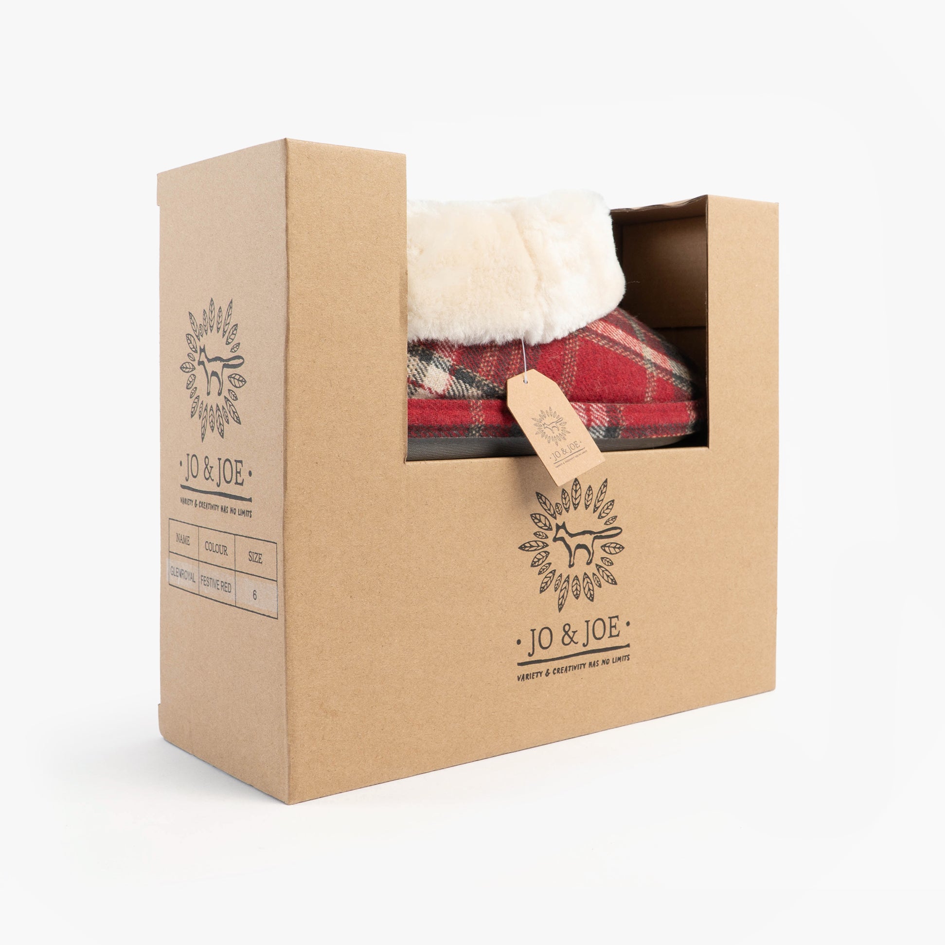 Jo & Joe GLENROYAL Womens Bootie Slippers Festive Red in gift box side view, showcasing packaging and product.