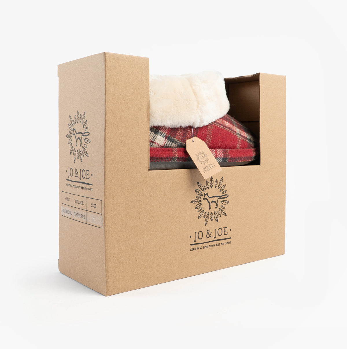 Jo & Joe GLENROYAL Womens Bootie Slippers Festive Red in gift box side view, showcasing packaging and product.