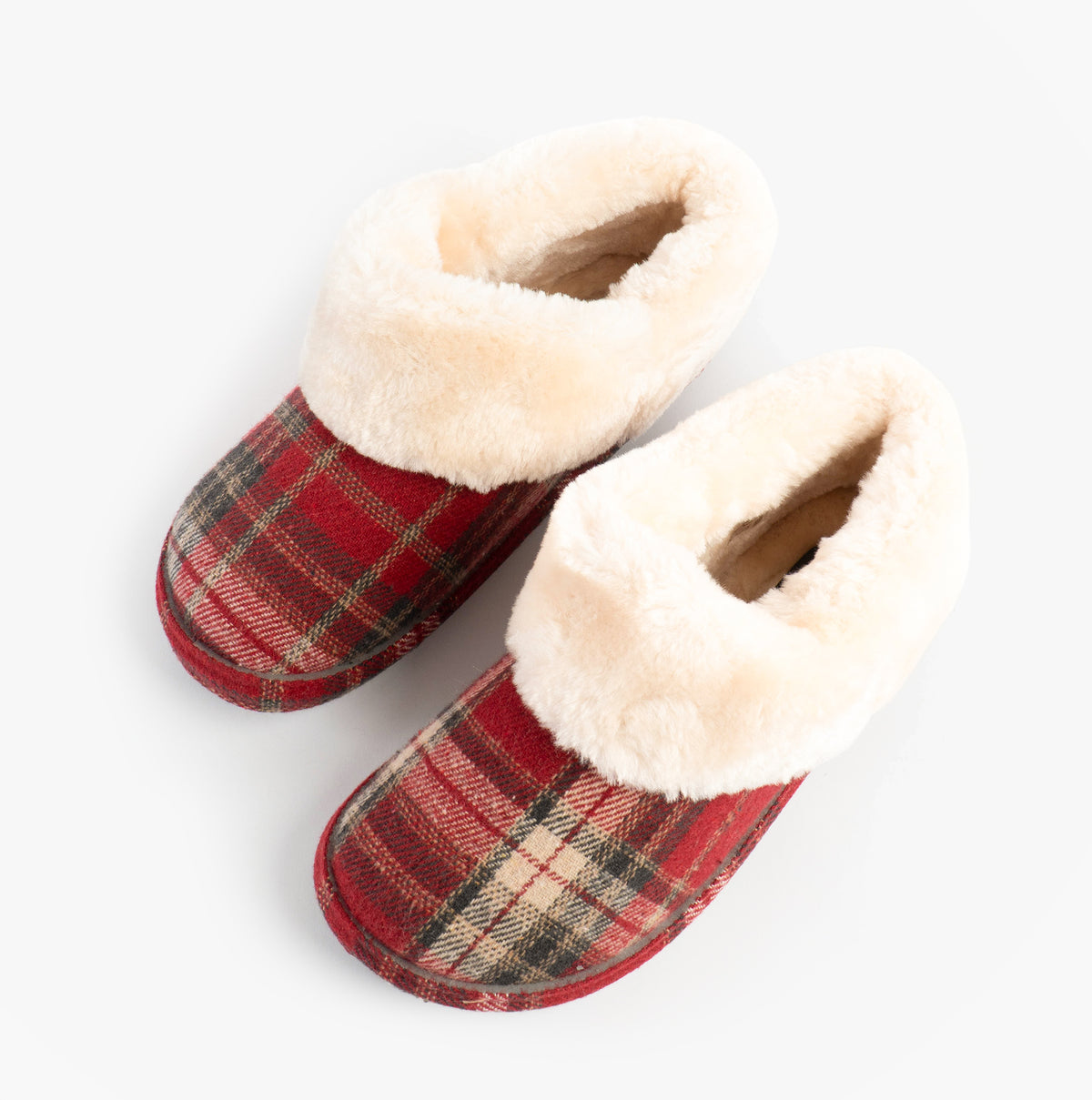 Jo & Joe GLENROYAL Womens Bootie Slippers Festive Red top view with plush lining and tartan pattern.