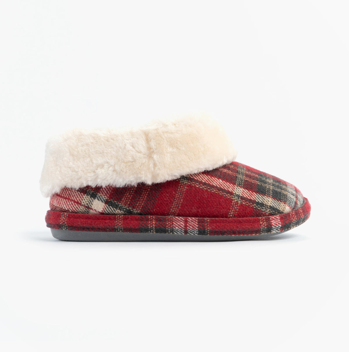 Jo & Joe GLENROYAL Womens Bootie Slippers Festive Red, side view, showcasing the cozy faux fur lining and plaid design.