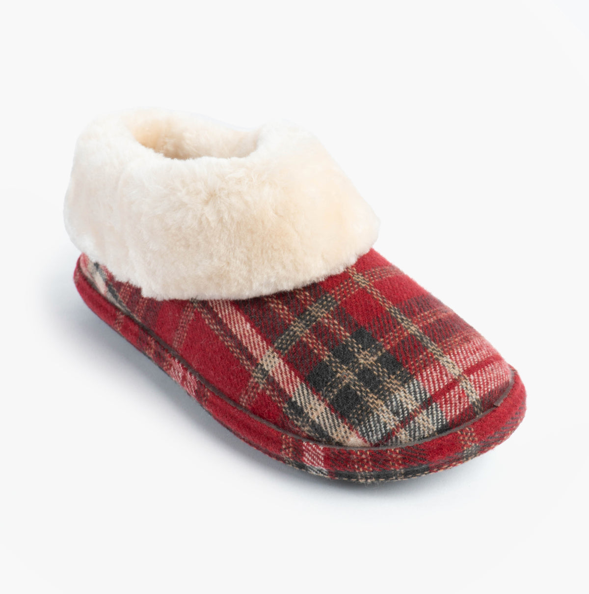 Jo & Joe GLENROYAL Womens Bootie Slippers Festive Red side view showing plaid pattern and fluffy lining