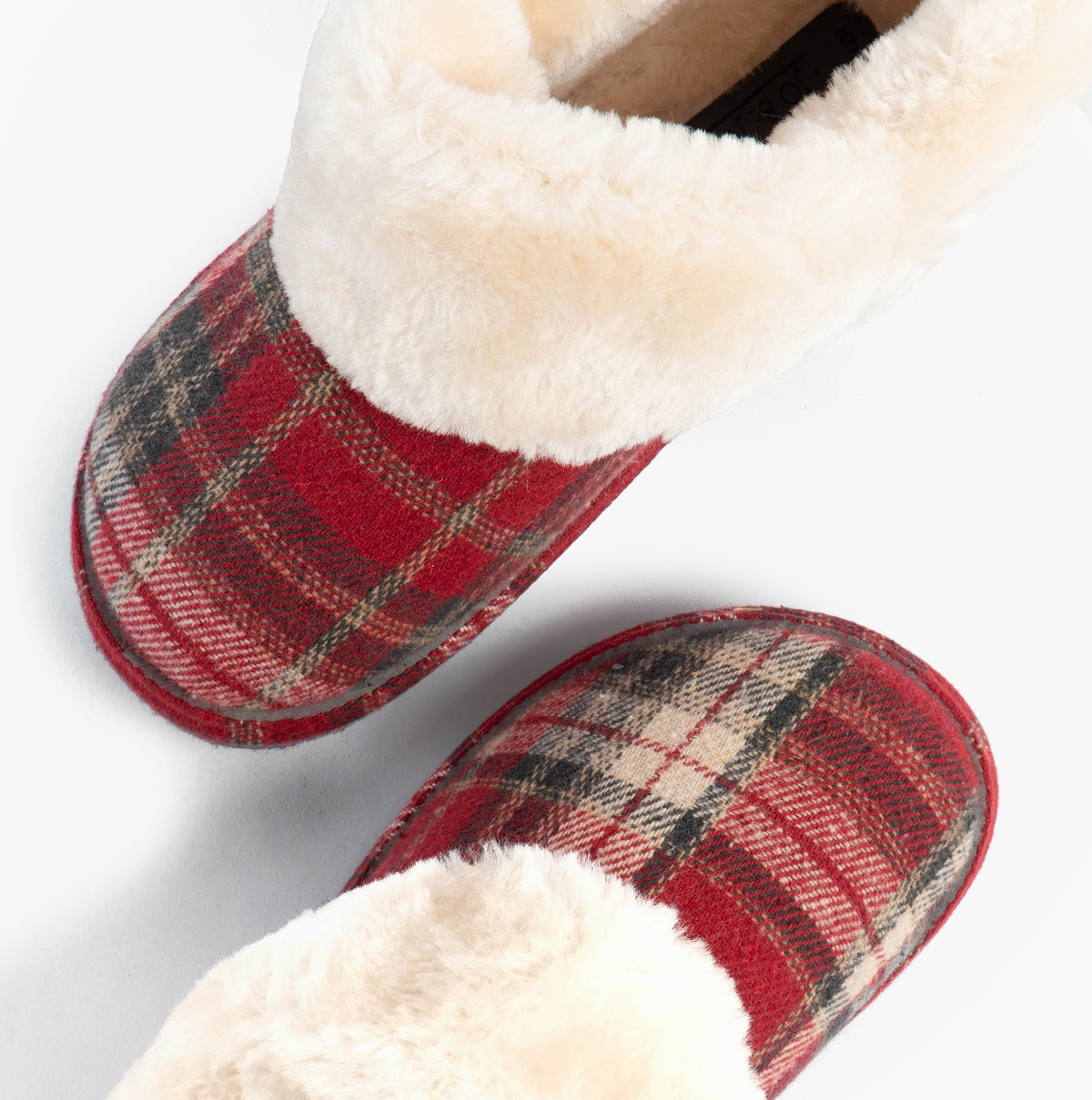 Jo & Joe GLENROYAL Womens Bootie Slippers Festive Red top view showing the cozy fleece lining and plaid design.