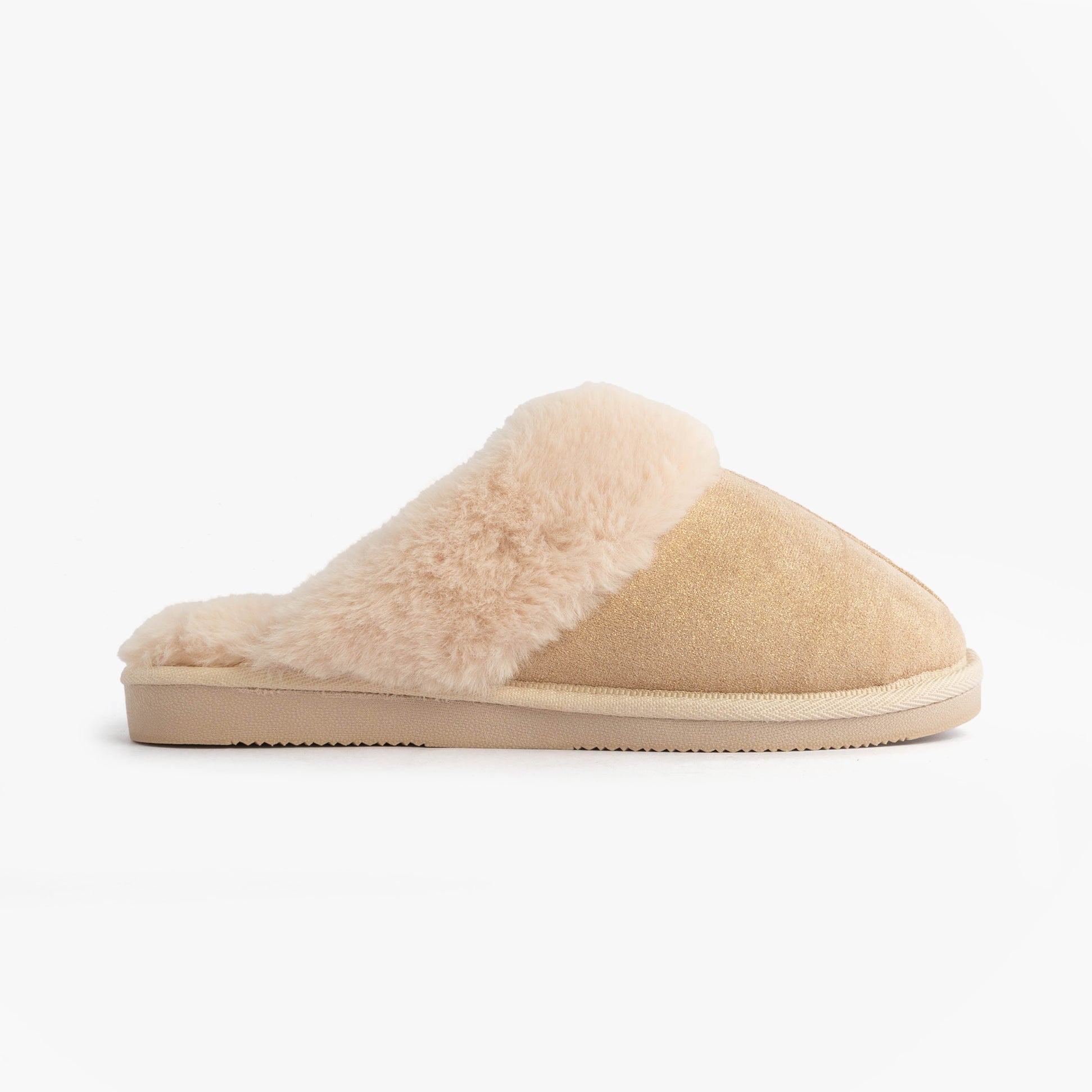 Jo & Joe GLIMMER Womens Mule Slippers Beige side view showcasing plush lining and slip-on design.
