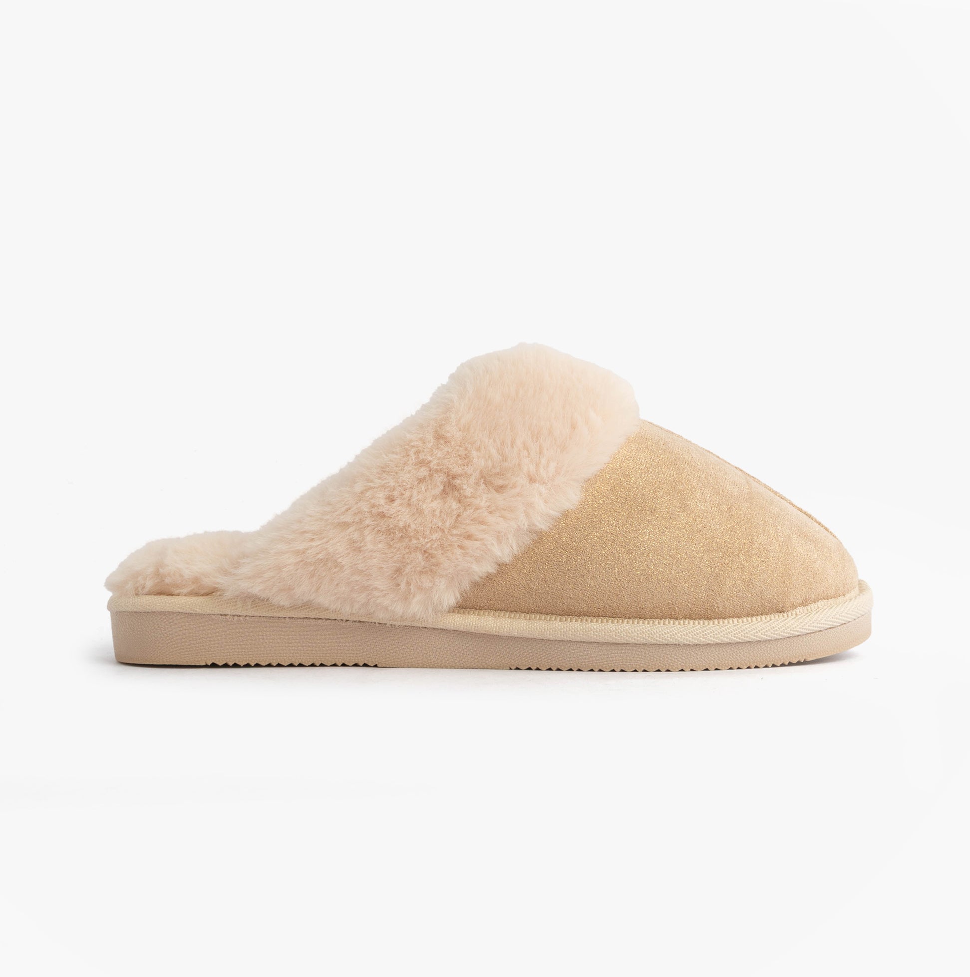 Jo & Joe GLIMMER Womens Mule Slippers Beige side view showcasing plush lining and slip-on design.