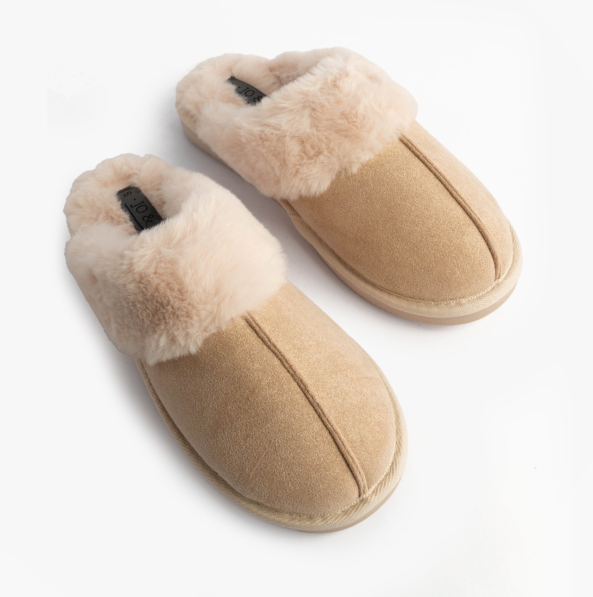 Jo & Joe GLIMMER Womens Mule Slippers Beige top view showcasing soft textile upper and cozy lining.