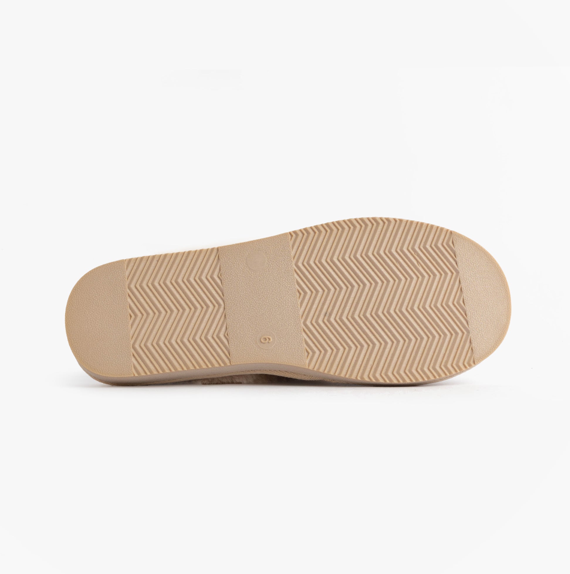 Jo & Joe GLIMMER Womens Mule Slippers Beige bottom view showing lightweight synthetic sole and herringbone pattern.